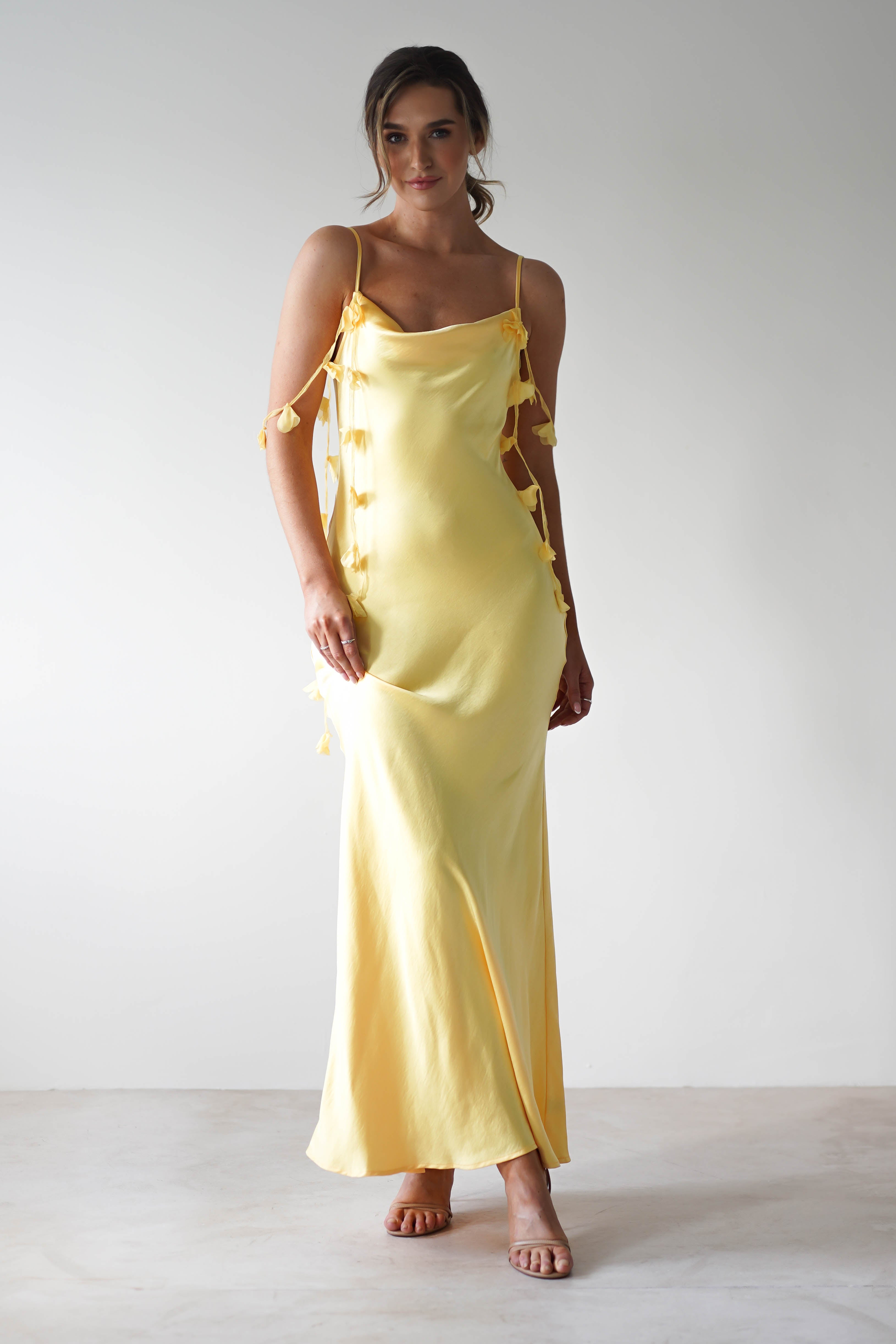 Daisy Cowl Neckline Satin Maxi Dress | Yellow - Oh Hello Clothing