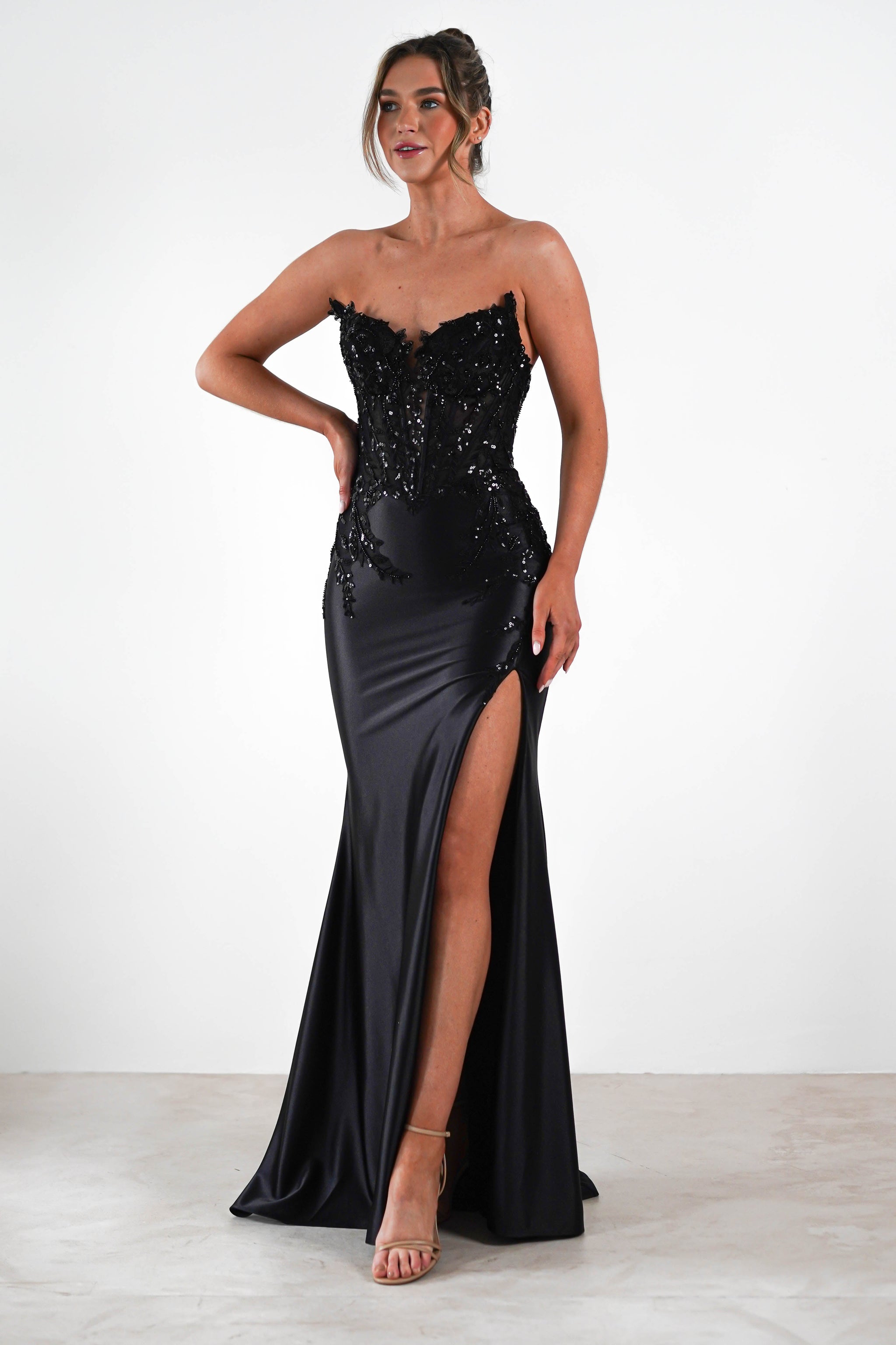 black embellished dress Dallas Luxe Gown | | Debs & Prom while the cropped length US SIZE:Custom Size region-united states Brown Maxi Dress With