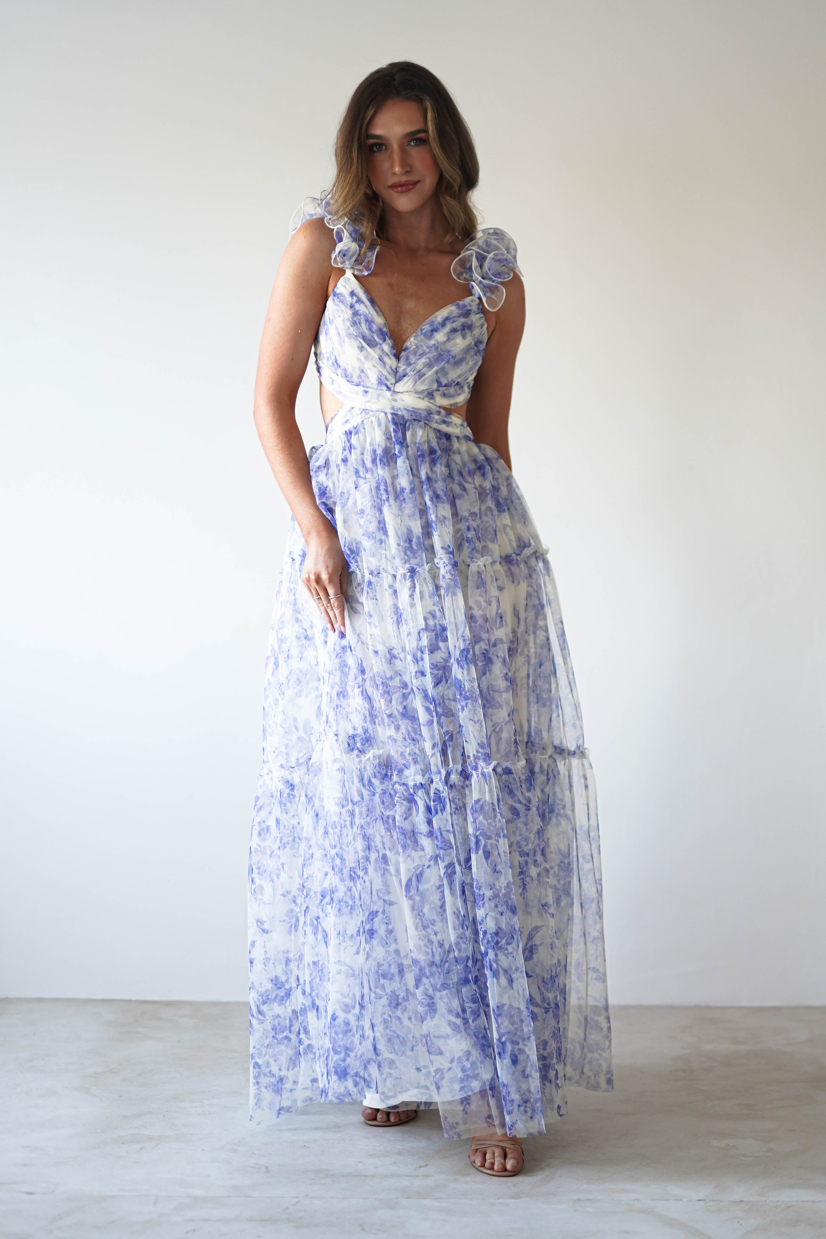 Lauren Floral Tulle Maxi Dress | Blue/White - Oh Hello Clothing