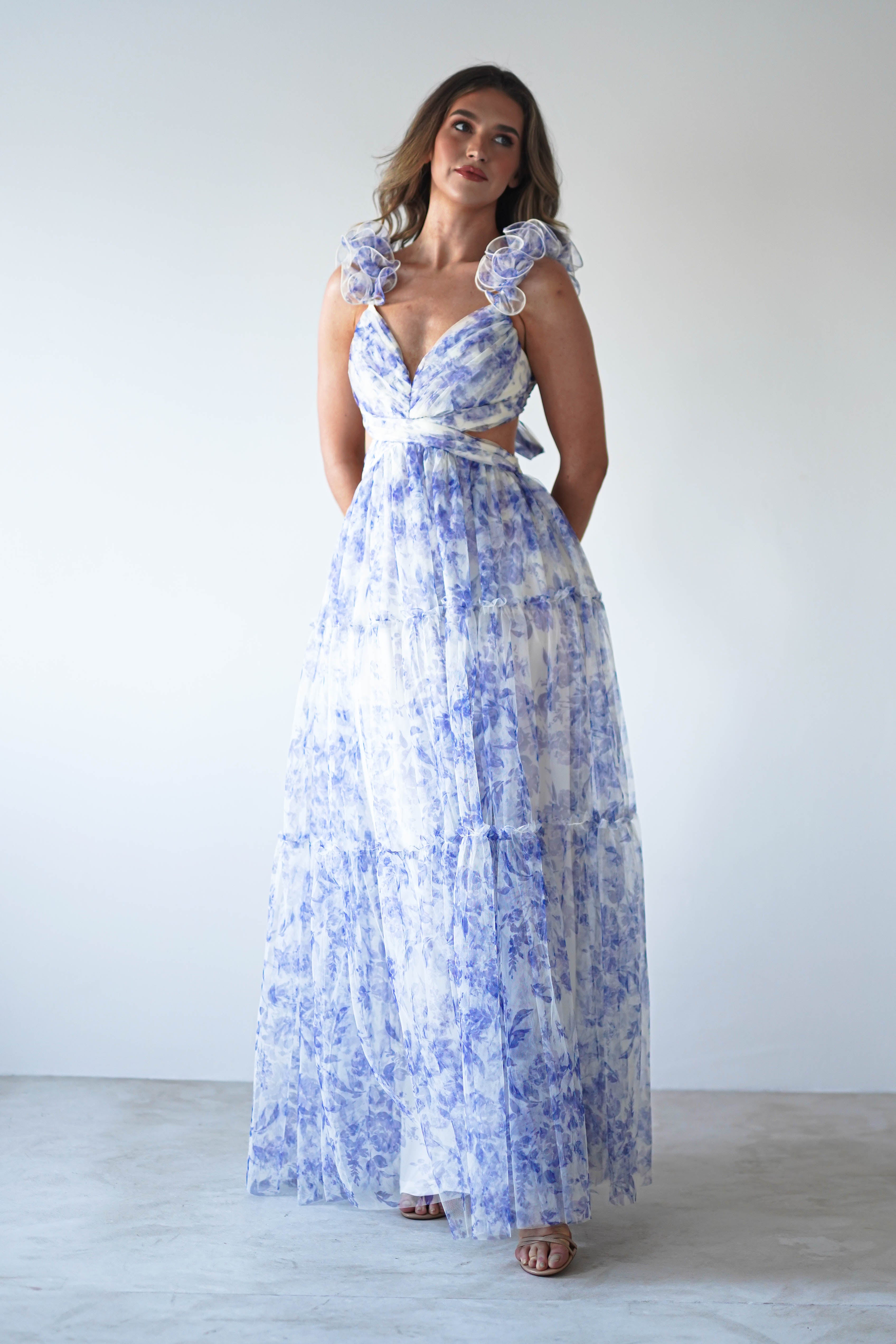 Lauren Floral Tulle Maxi Dress | Blue/White - Oh Hello Clothing