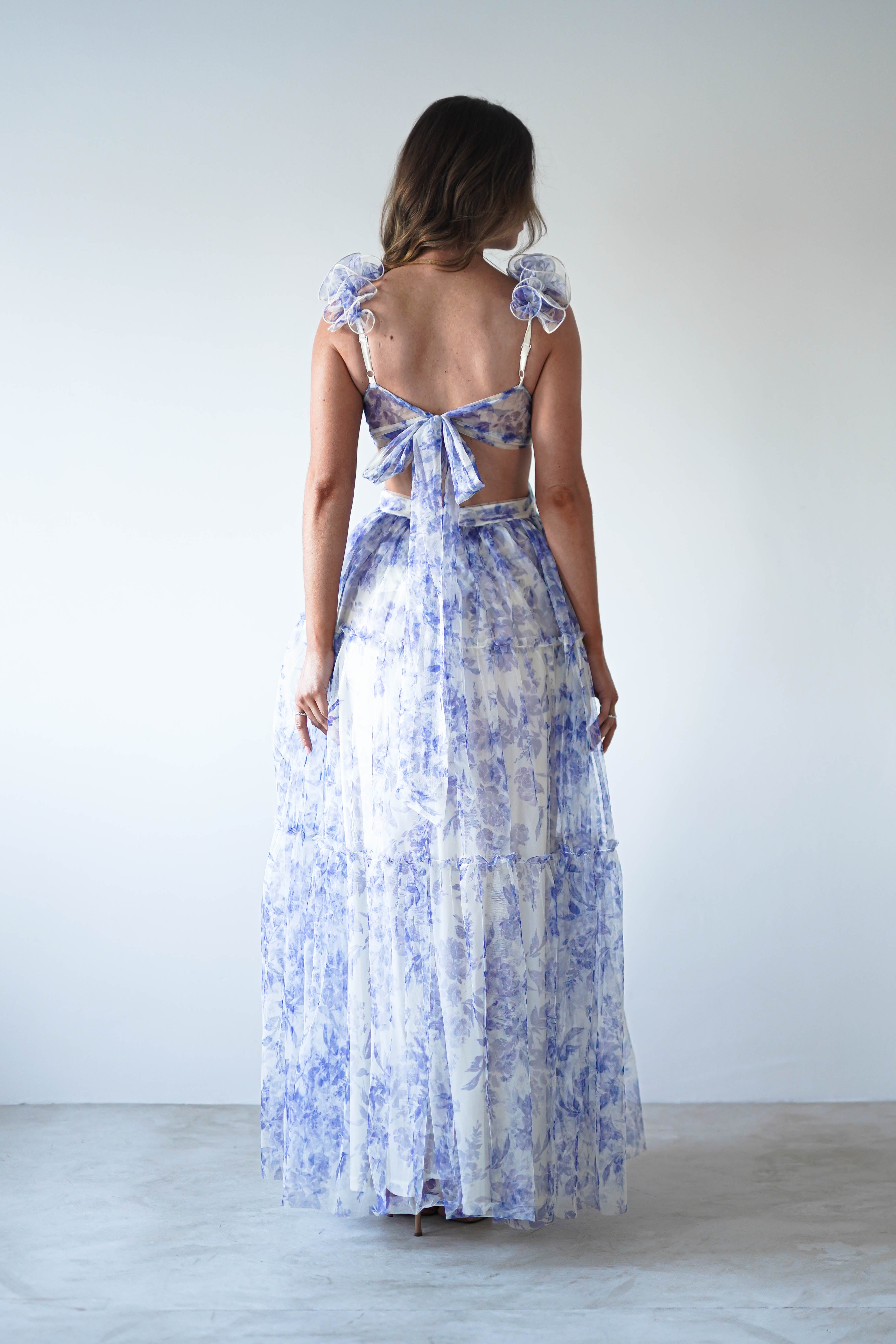 Lauren Floral Tulle Maxi Dress | Blue/White - Oh Hello Clothing