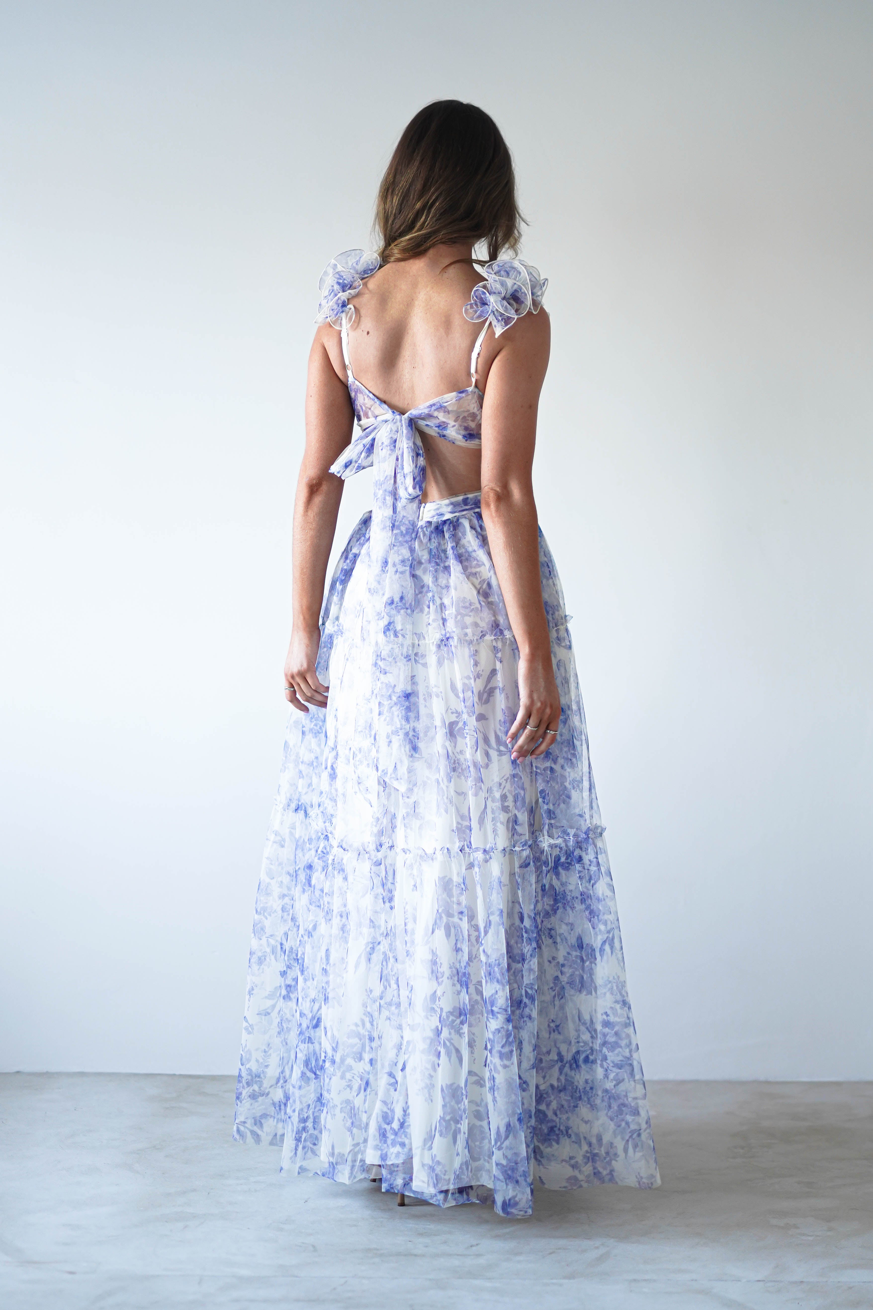 Lauren Floral Tulle Maxi Dress | Blue/White - Oh Hello Clothing