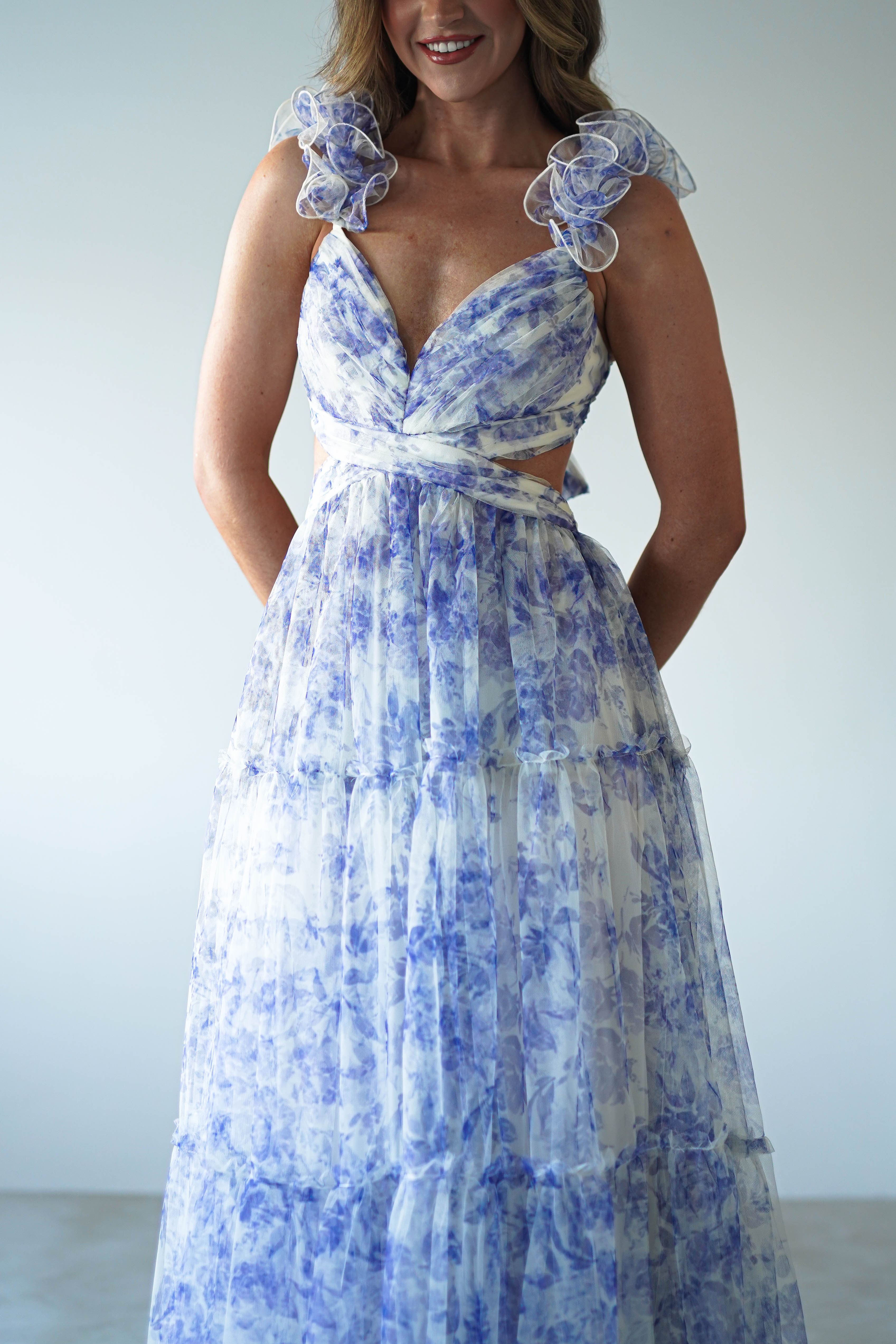 Lauren Floral Tulle Maxi Dress | Blue/White - Oh Hello Clothing