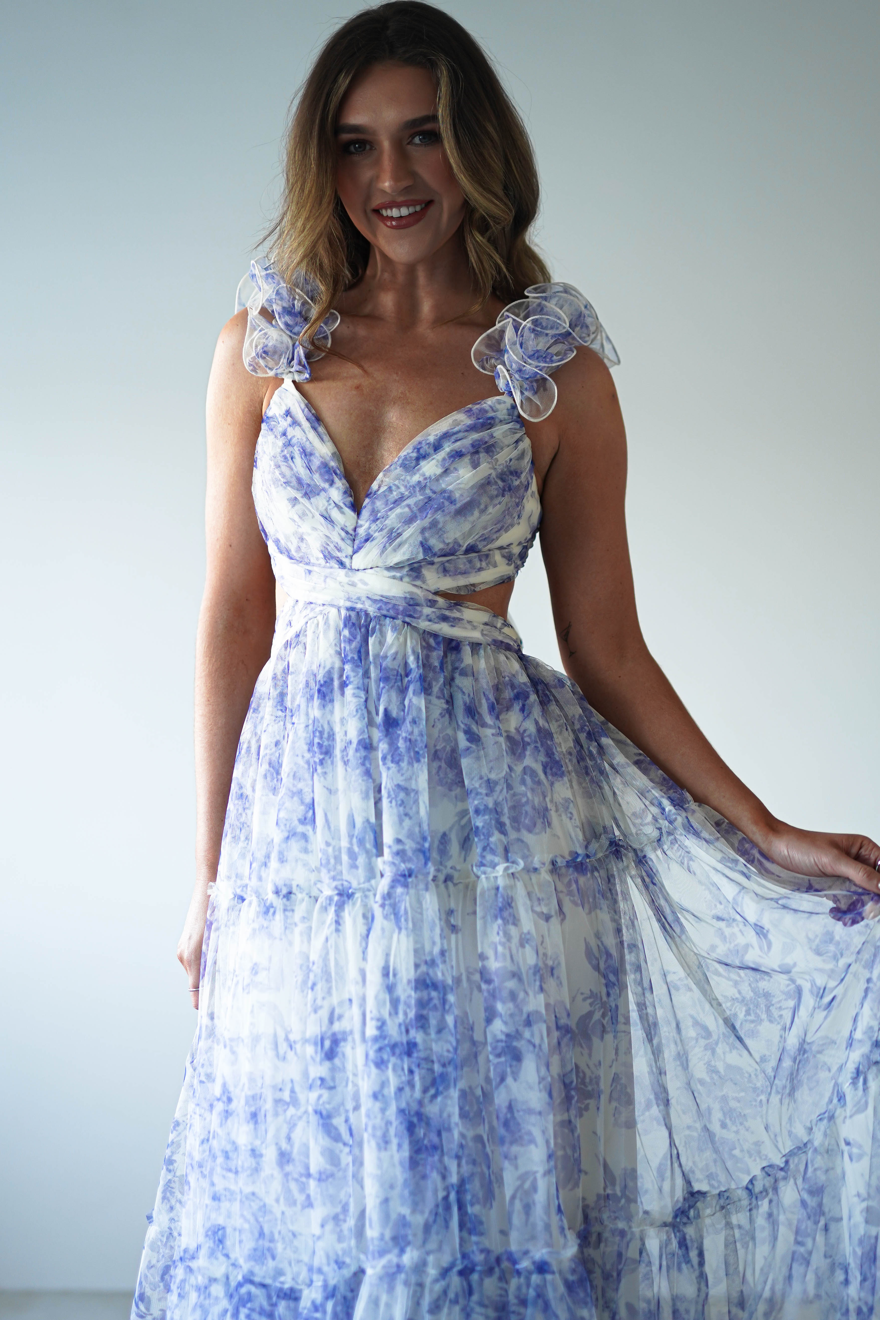 Lauren Floral Tulle Maxi Dress | Blue/White - Oh Hello Clothing