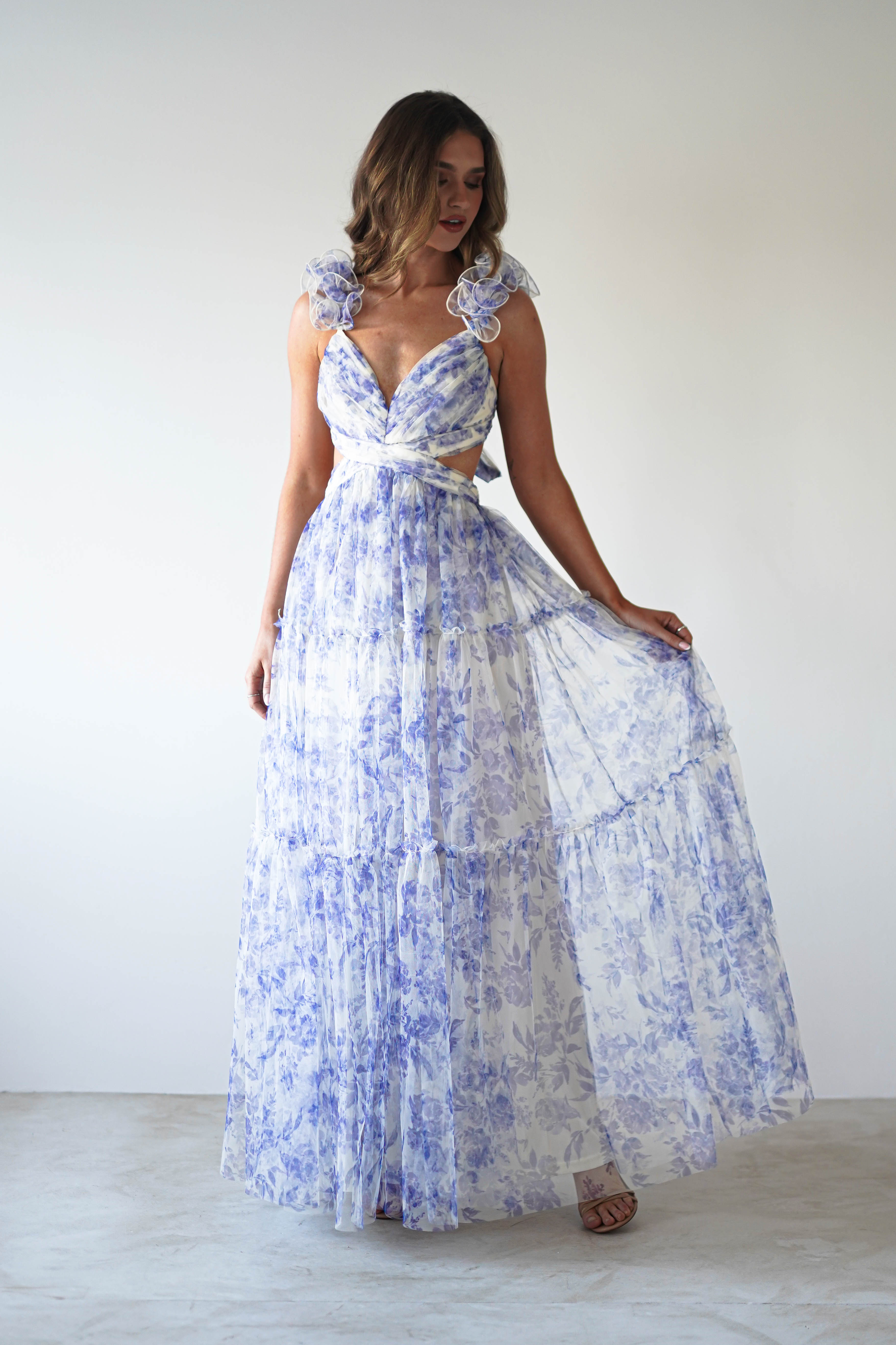 Lauren Floral Tulle Maxi Dress | Blue/White - Oh Hello Clothing