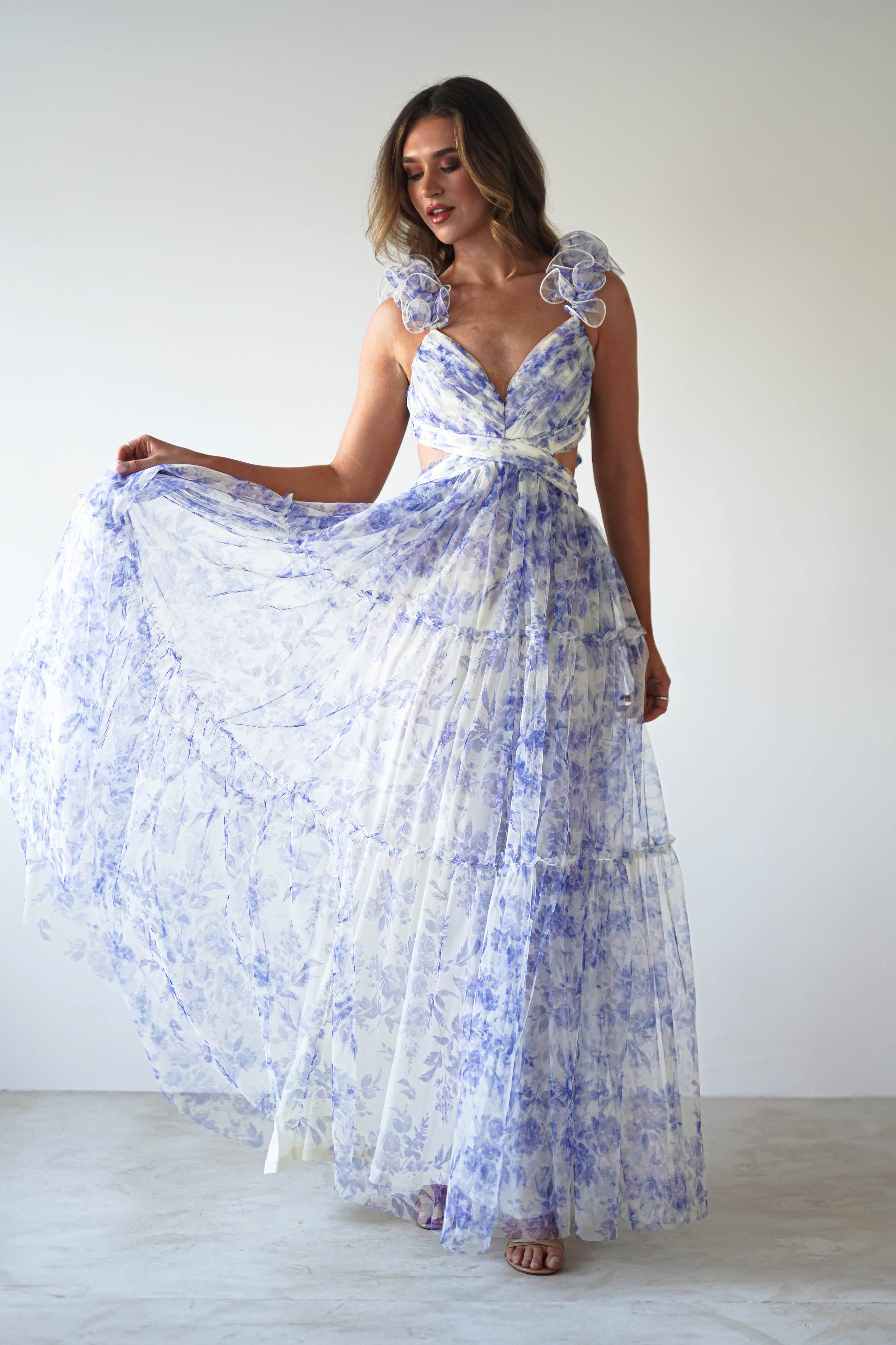 Lauren Floral Tulle Maxi Dress | Blue/White - Oh Hello Clothing
