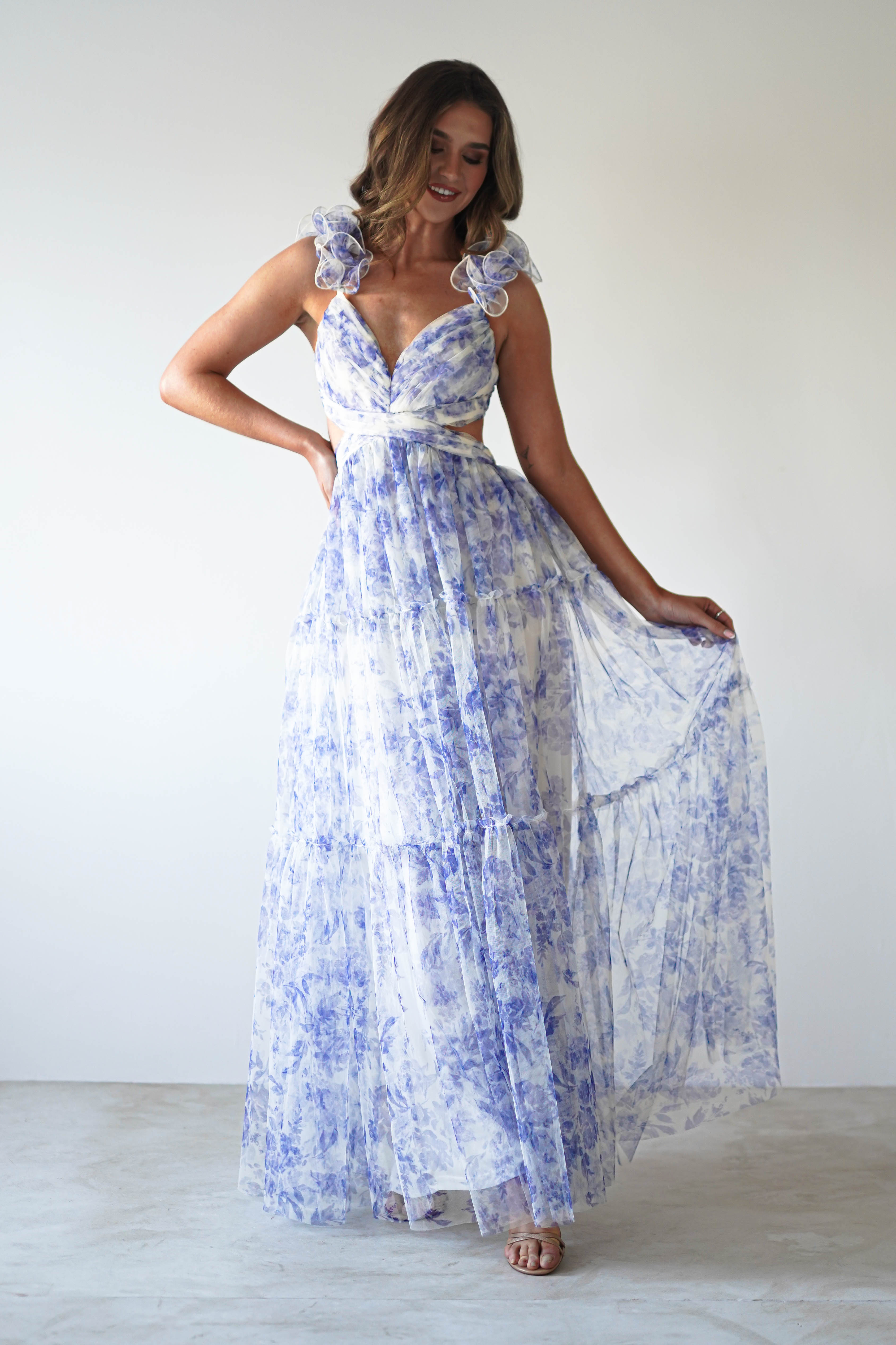 Lauren Floral Tulle Maxi Dress | Blue/White - Oh Hello Clothing