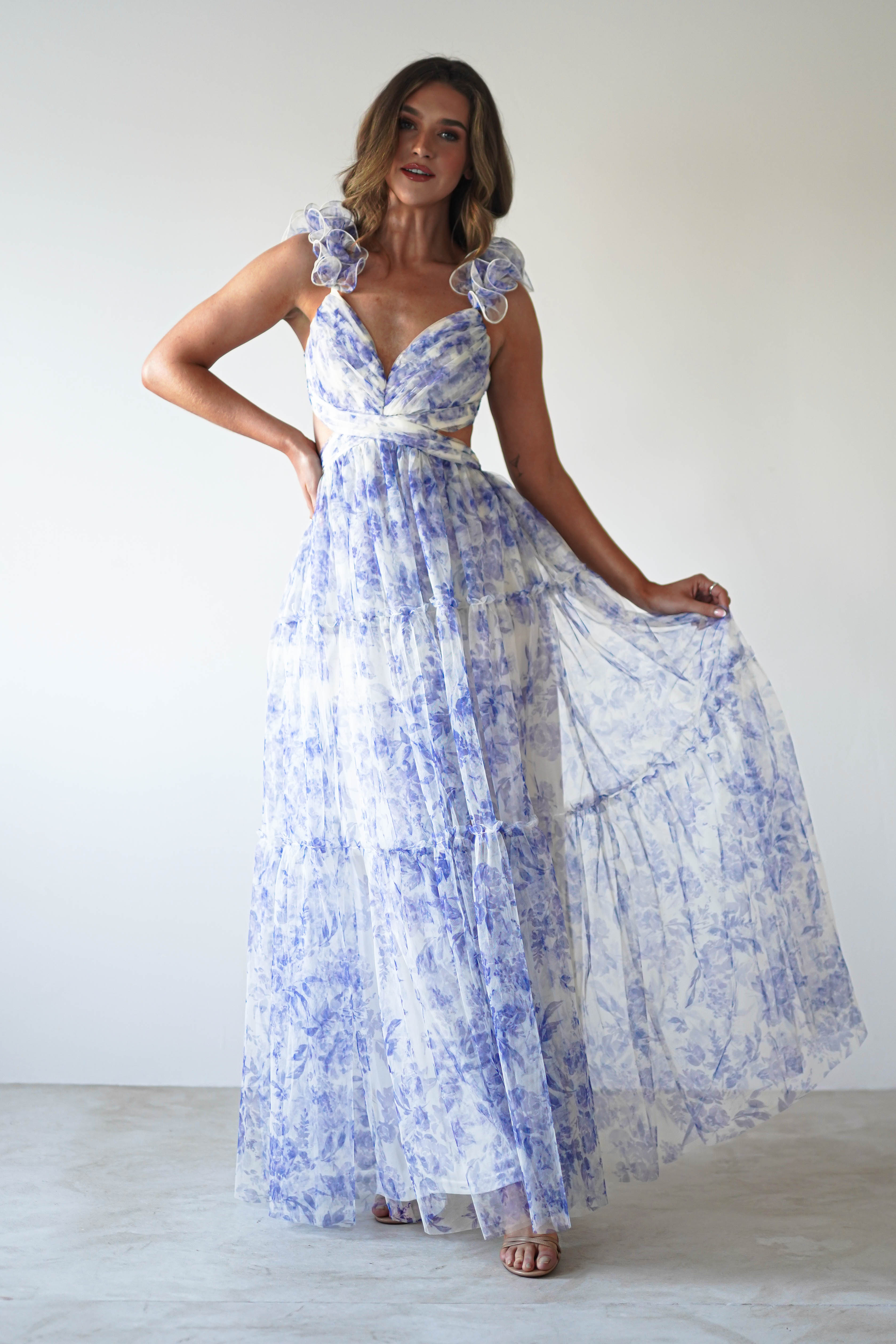 Lauren Floral Tulle Maxi Dress | Blue/White - Oh Hello Clothing
