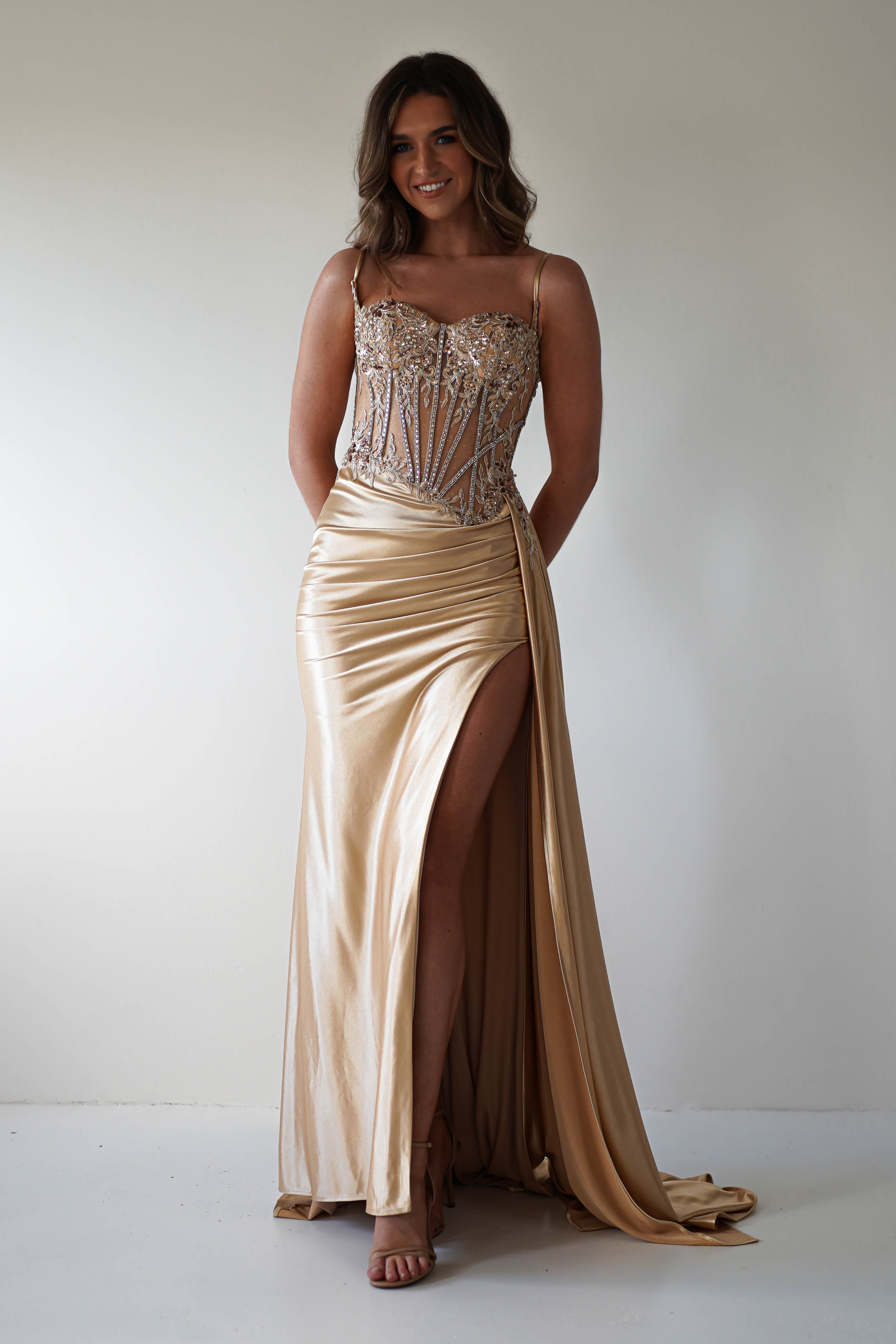 Diva Embellished Corset Gown | Gold - Oh Hello Clothing