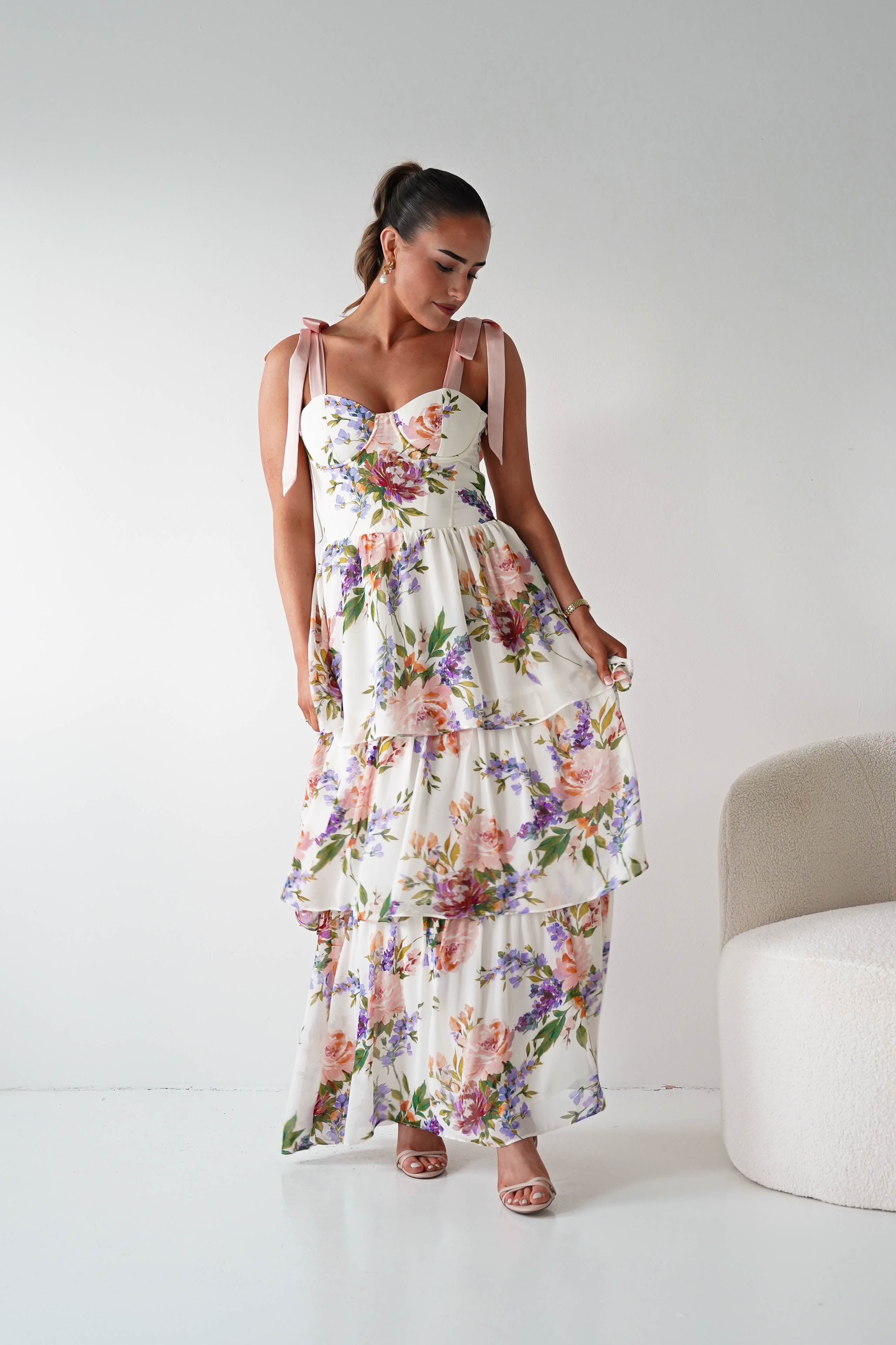 Oh Hello Clothing Women > Clothing > Dresses 1*DONE -DRESSFORUM-FD12770- SOFT CORAL Floral Tie-Shoulder Tiered Midi Dress