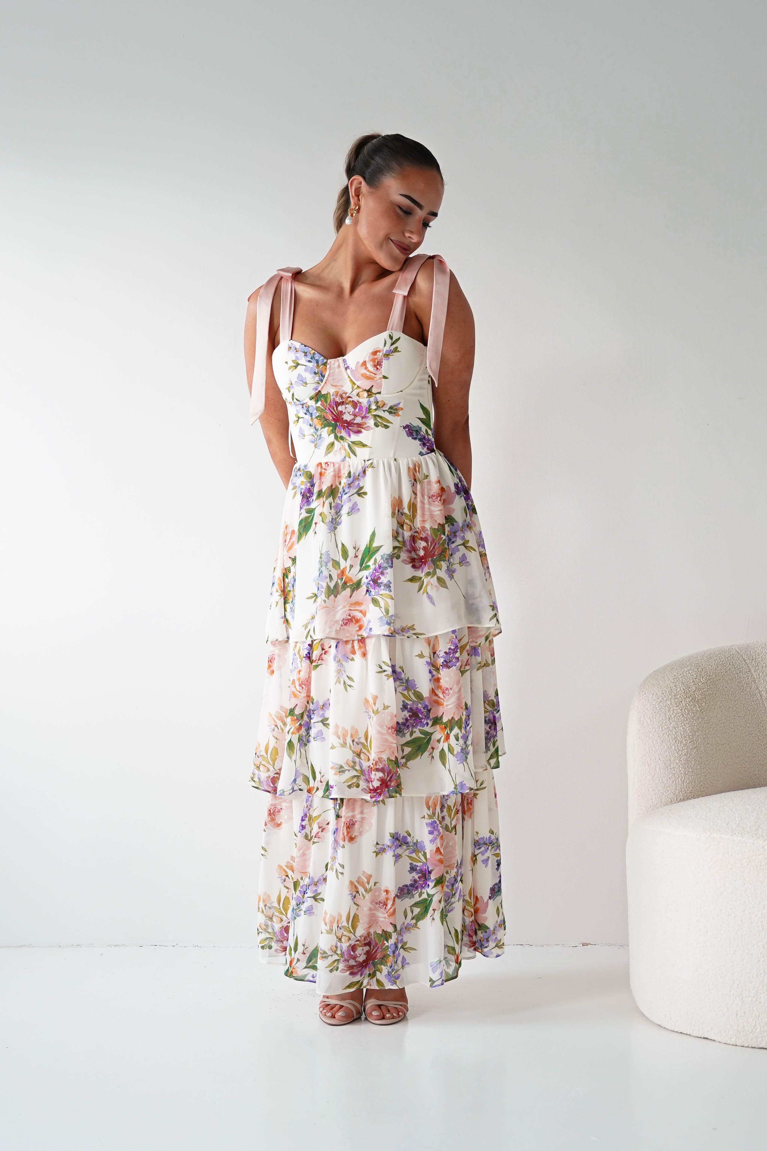 Oh Hello Clothing Women > Clothing > Dresses 1*DONE -DRESSFORUM-FD12770- SOFT CORAL Floral Tie-Shoulder Tiered Midi Dress