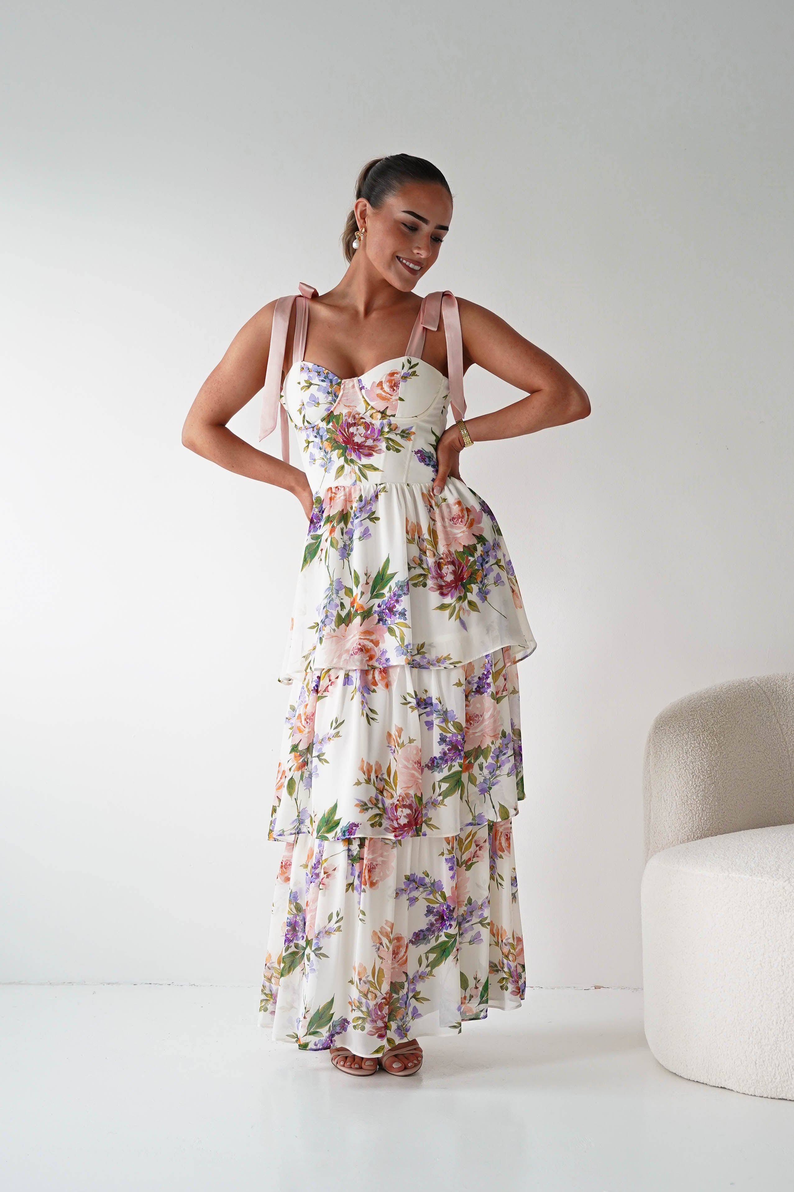 Oh Hello Clothing Women > Clothing > Dresses 1*DONE -DRESSFORUM-FD12770- SOFT CORAL Floral Tie-Shoulder Tiered Midi Dress