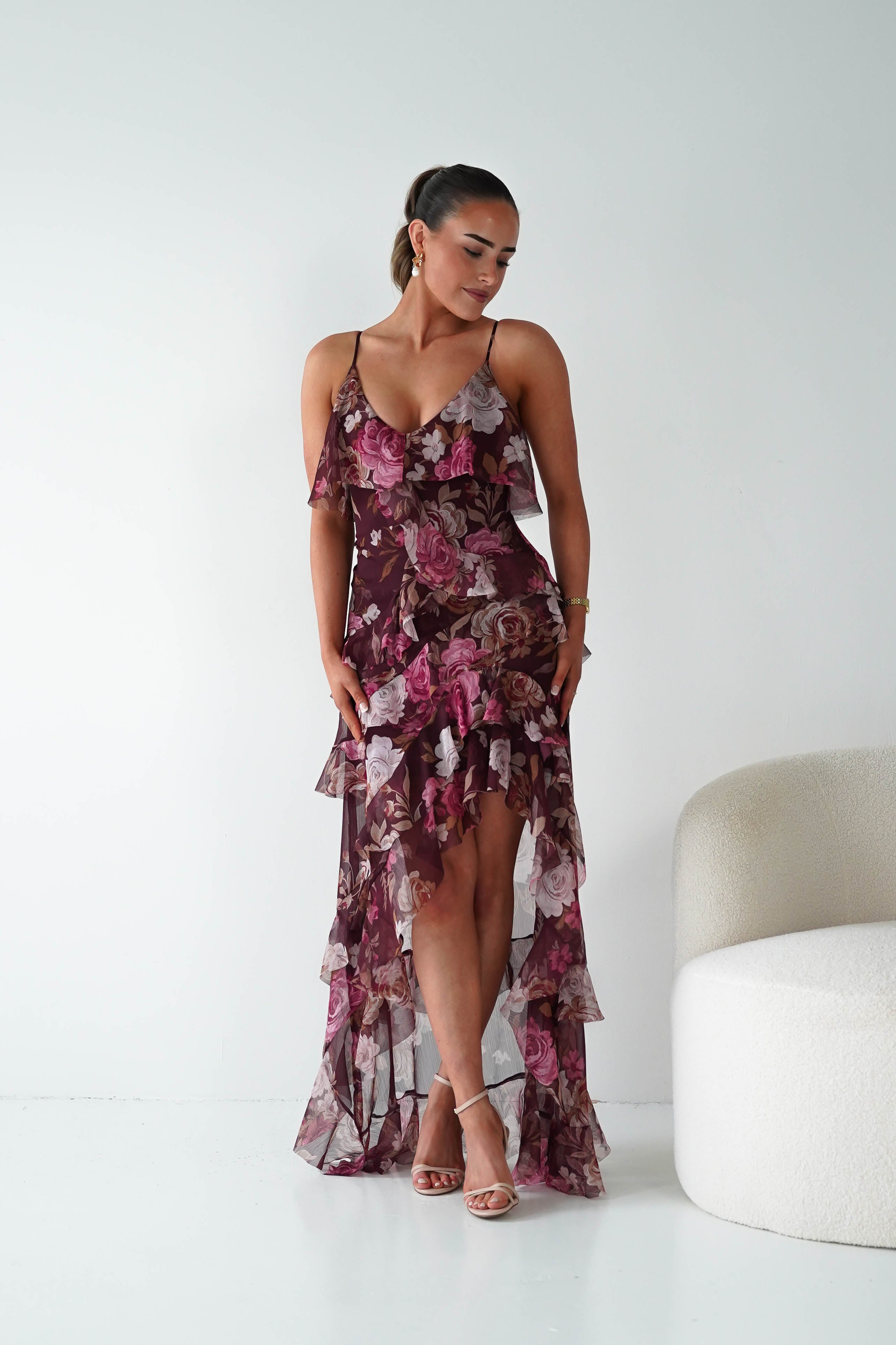 Oh Hello Clothing Women > Clothing > Dresses 1*DONE -DRESSFORUM-FD13394-Burgundy Floral Ruffle Midi Dress