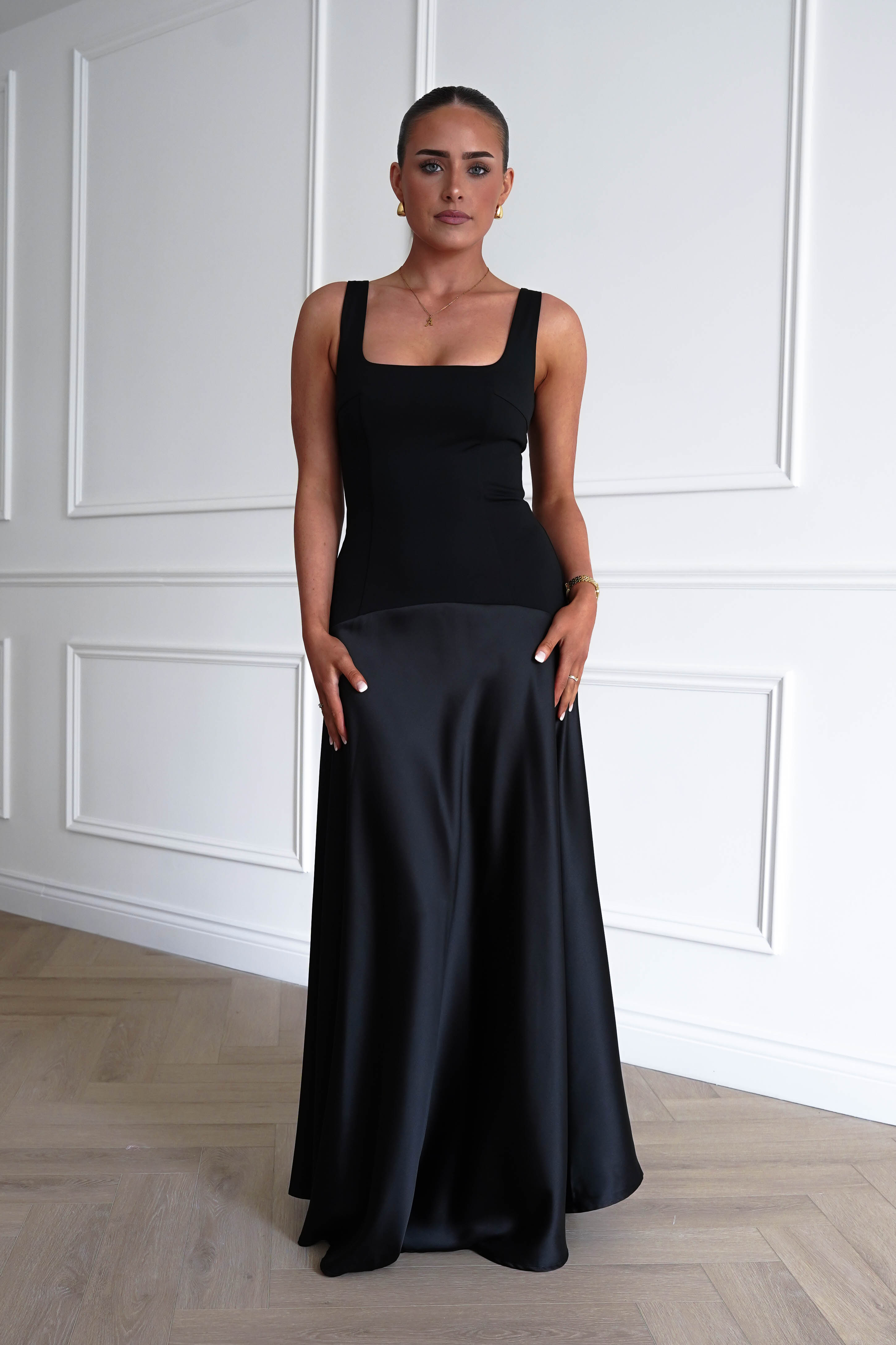Oh Hello Clothing Dresses > Prom Dresses 1* DONE - Elena Square Neck Soft Satin Maxi Dress | Black