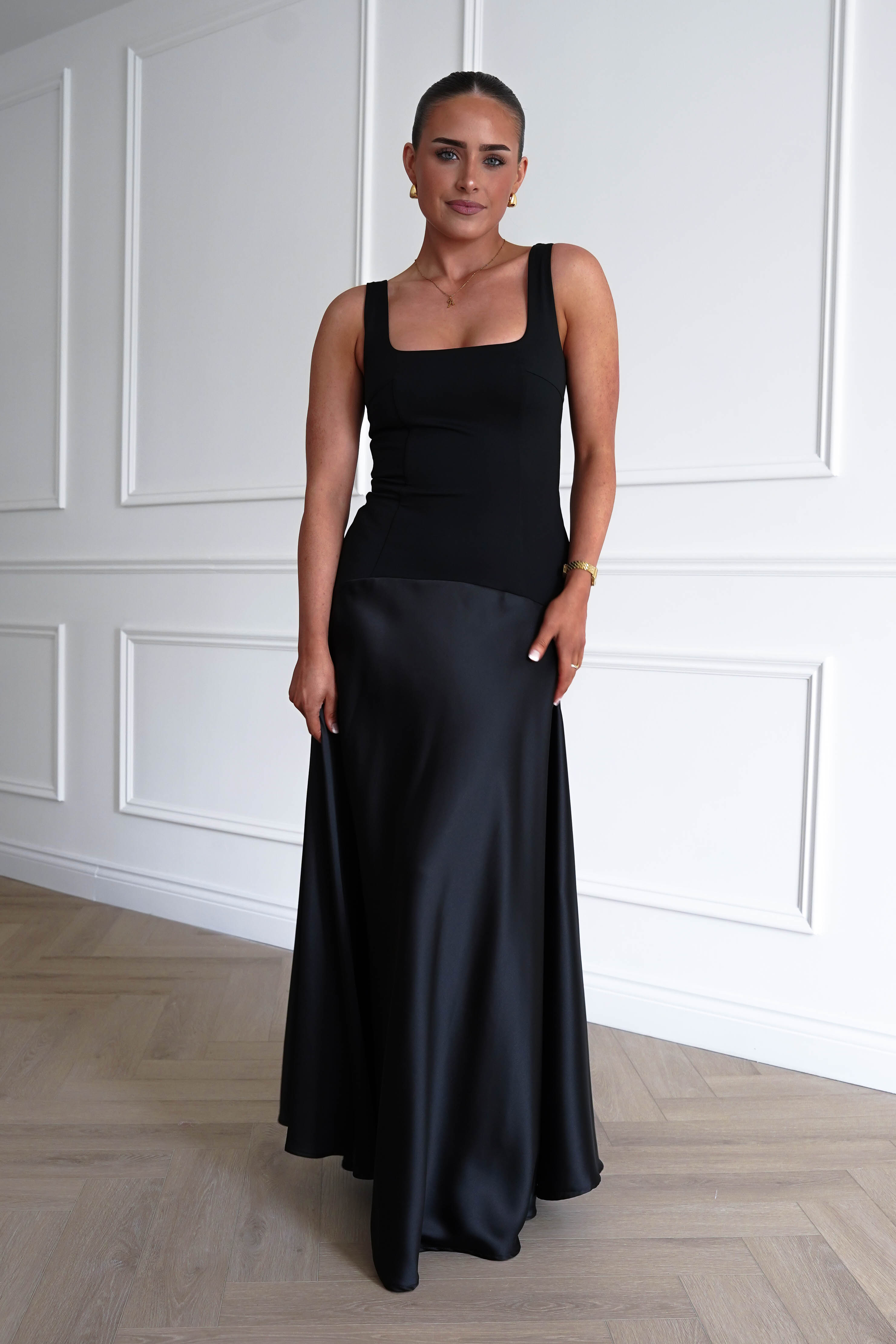 Oh Hello Clothing Dresses > Prom Dresses 1* DONE - Elena Square Neck Soft Satin Maxi Dress | Black