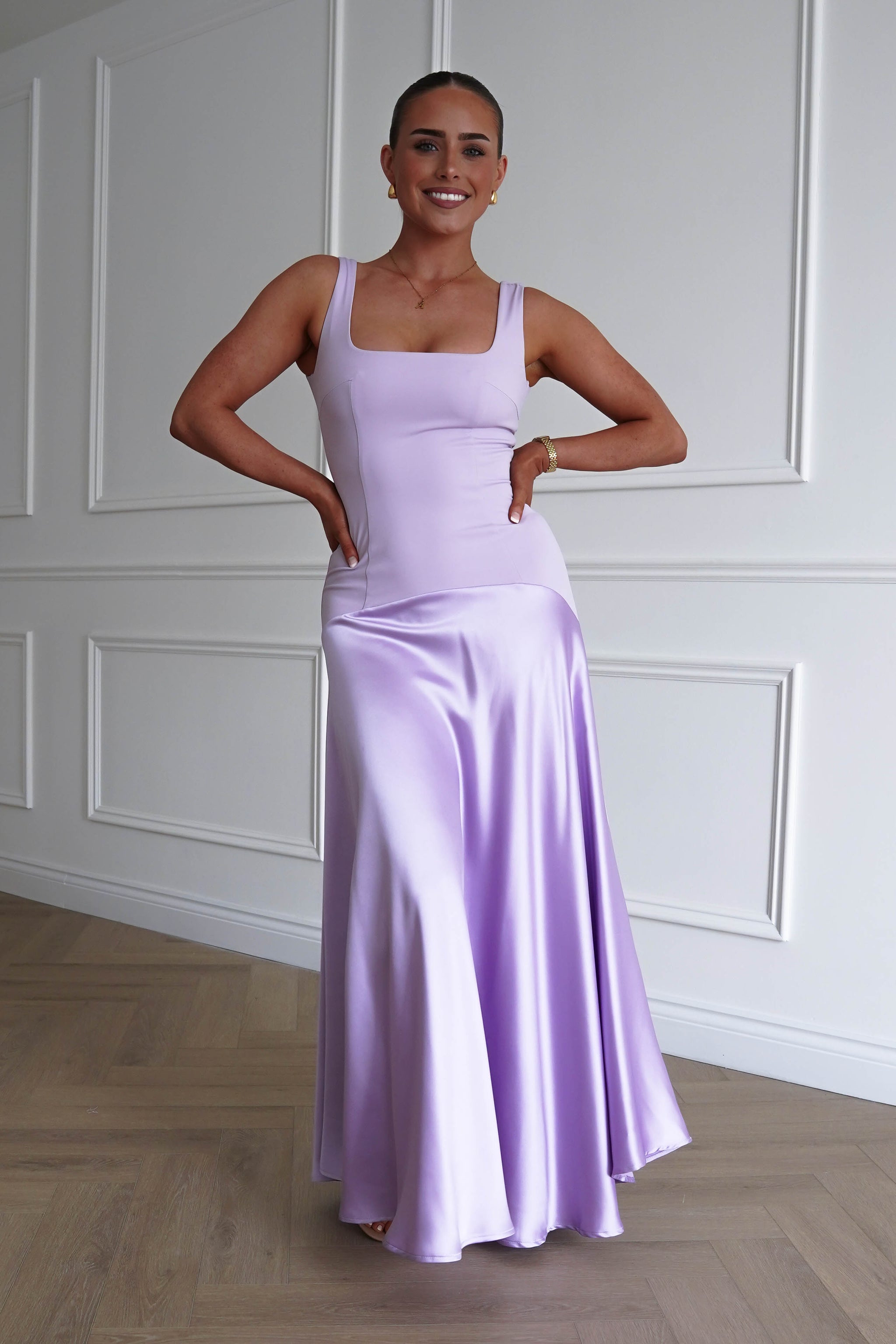 long lilac satin dress Wedding Guest | Elena Square Neck Soft Maxi Its breathtaking yet simple Color:Candy Red Nicki Minaj Modeling Contract, collections:Dress