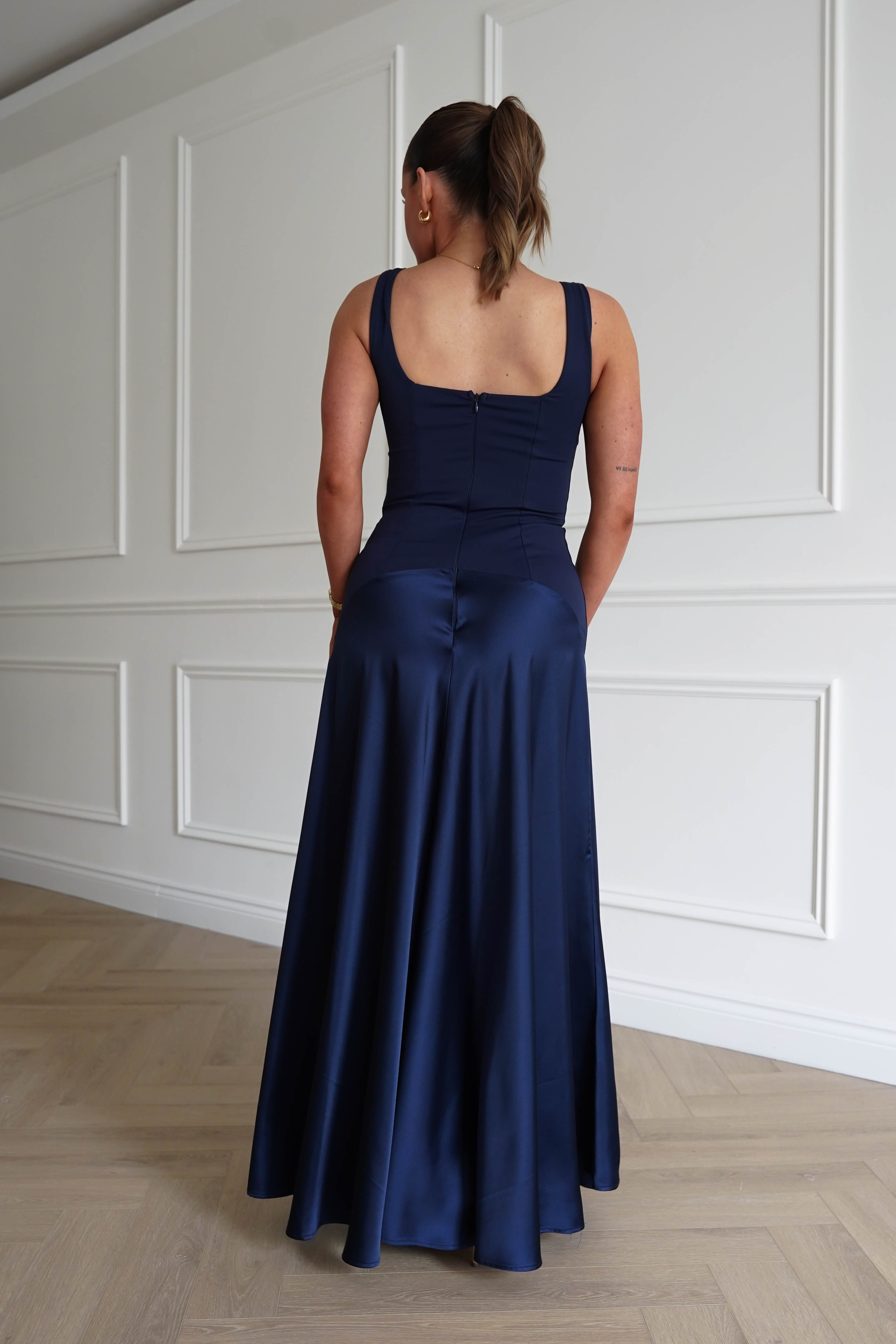 Oh Hello Clothing Dresses > Prom Dresses 1* Done - Elena Square Neck Soft Satin Maxi Dress | Navy