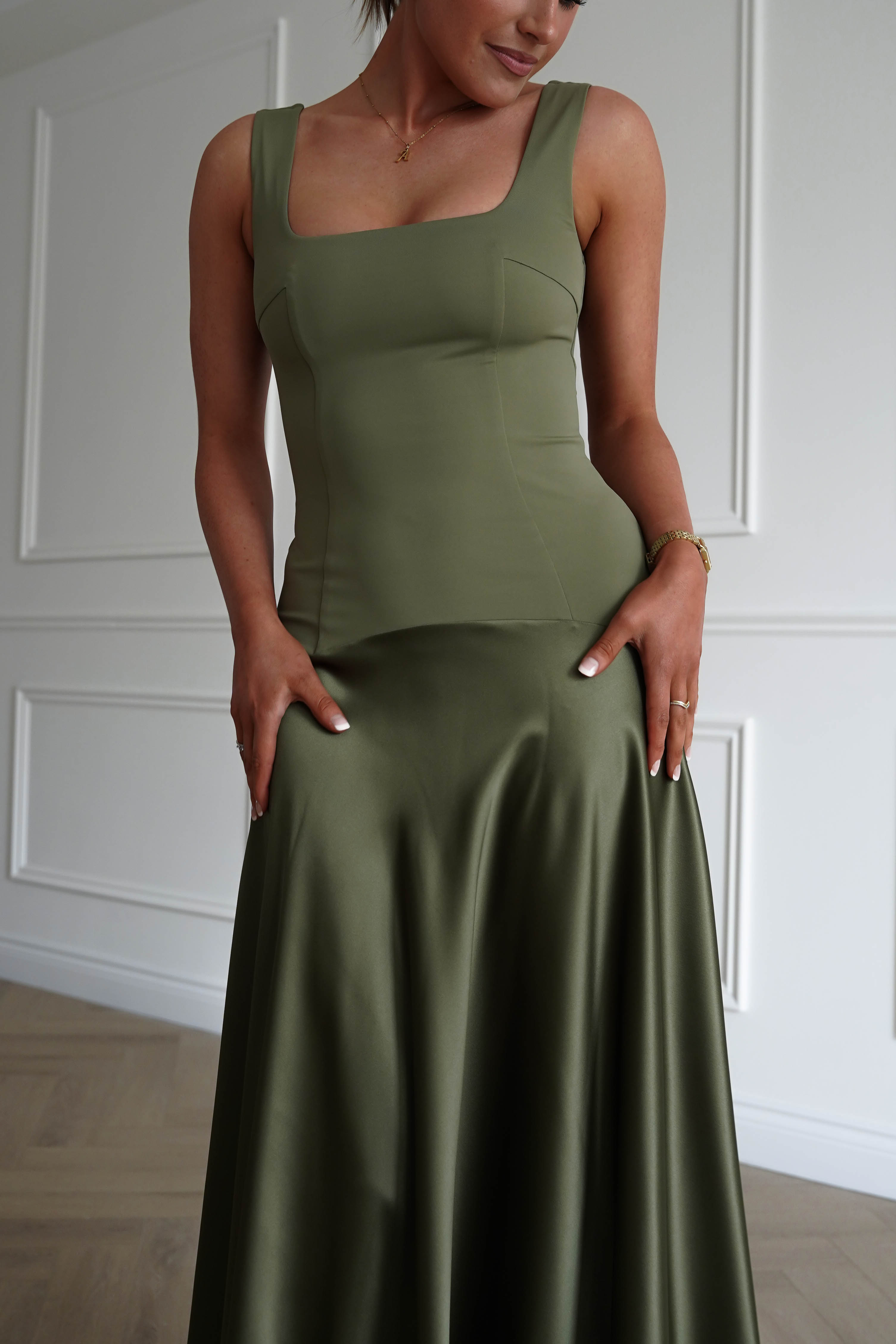 Oh Hello Clothing Dresses > Prom Dresses 1* DONE - Elena Square Neck Soft Satin Maxi Dress | Olive