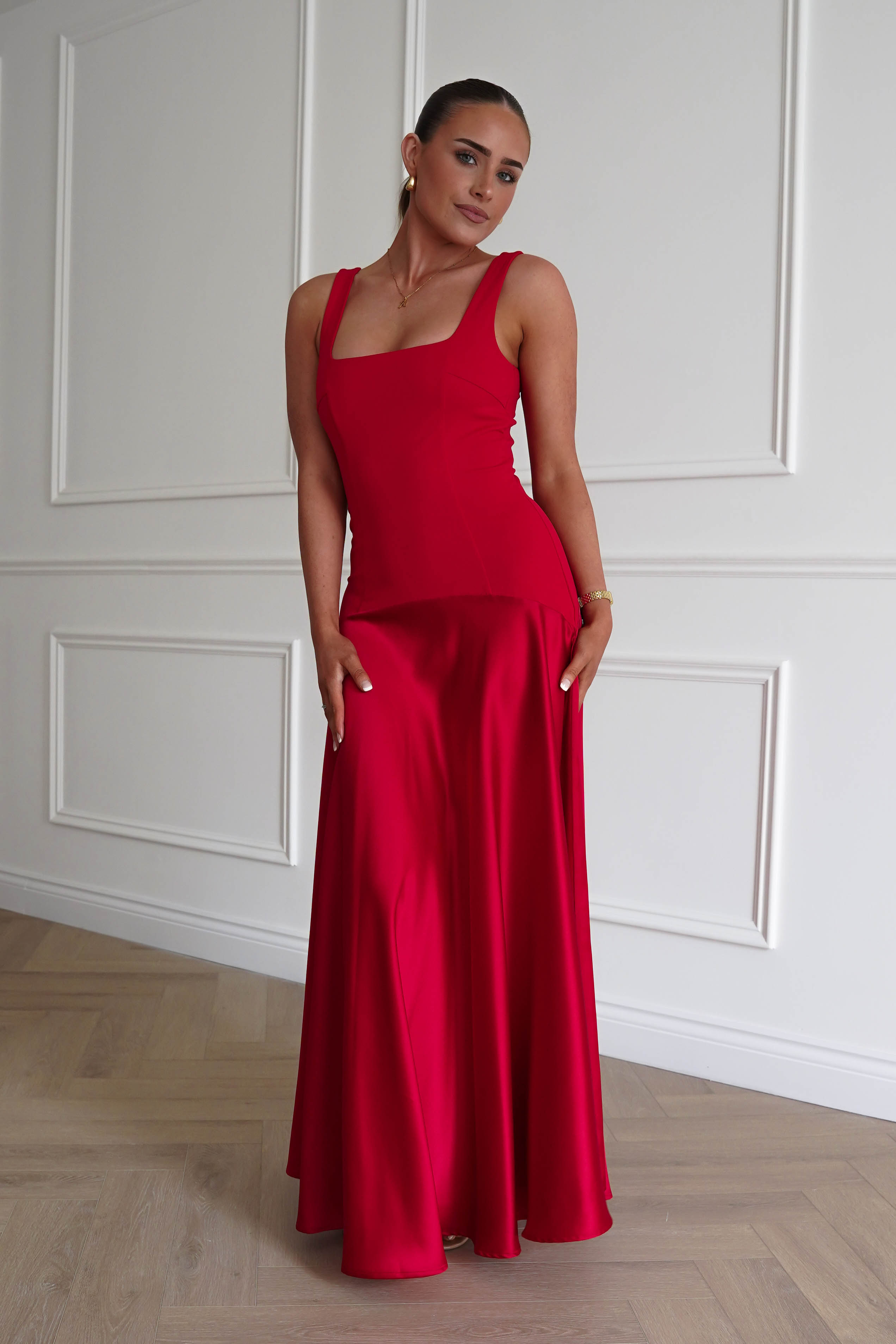 Oh Hello Clothing Dresses > Prom Dresses 1* DONE - Elena Square Neck Soft Satin Maxi Dress | Red