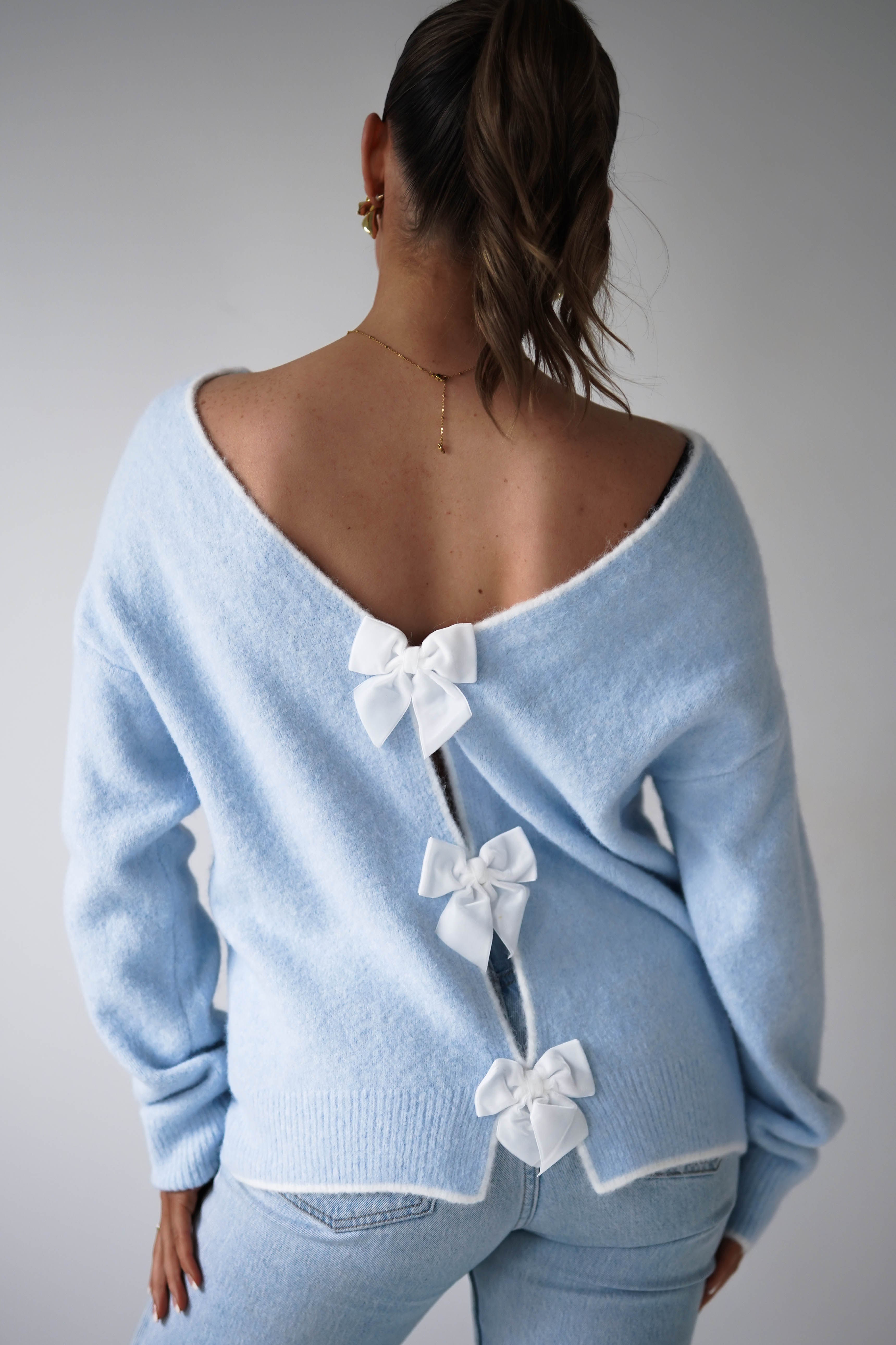 Oh Hello Clothing Women > Clothing > Knitwear ONE SIZE (6/12) 1*DONE-ELSA-BLUE & WHITE Bow Detail Knit Jumper- SC20643