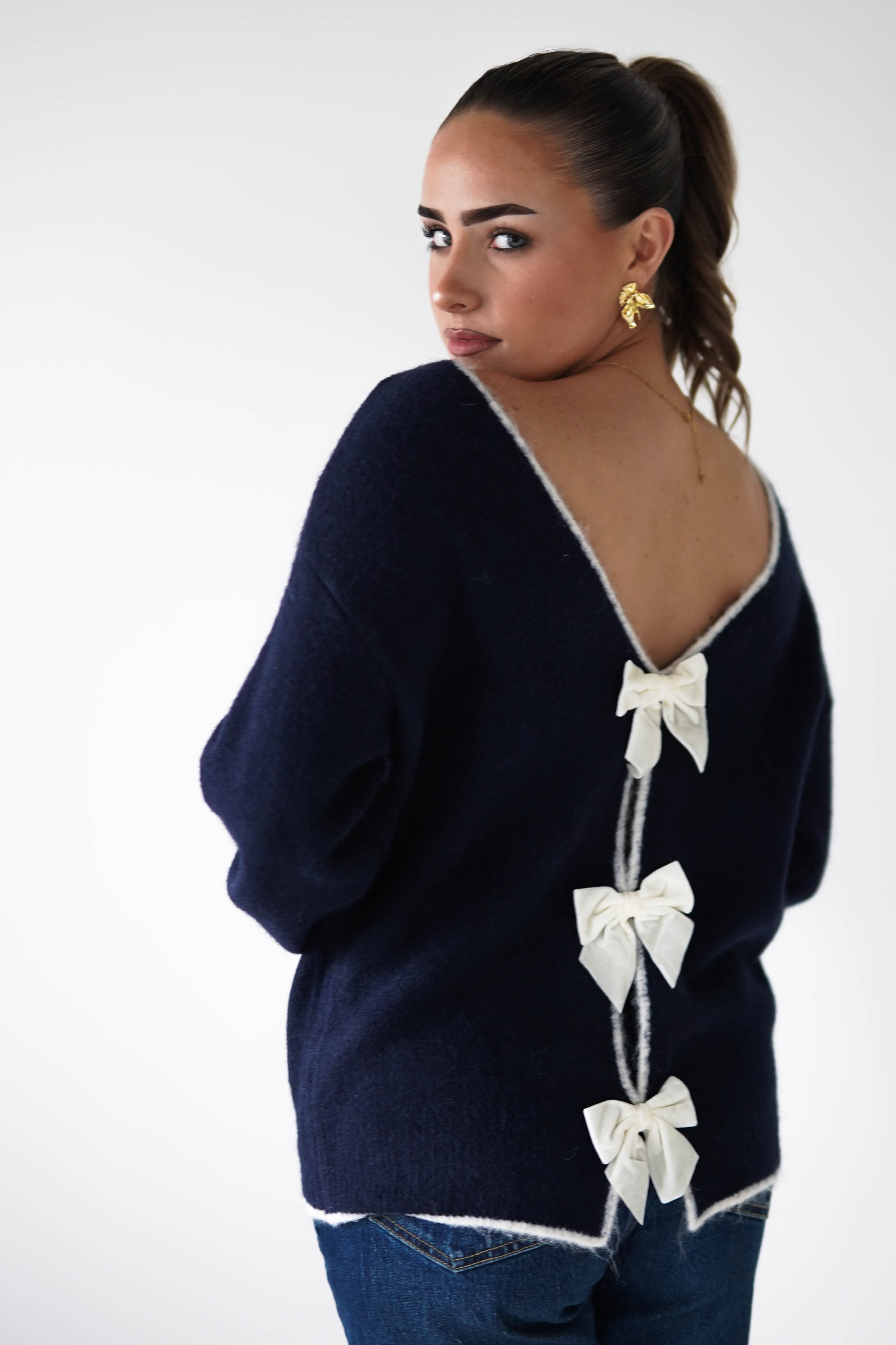 Oh Hello Clothing Women > Clothing > Knitwear ONE SIZE (6/12) 1*DONE-ELSA- NAVY & WHITE Bow Detail Knit Jumper- SC20643 (Copy)