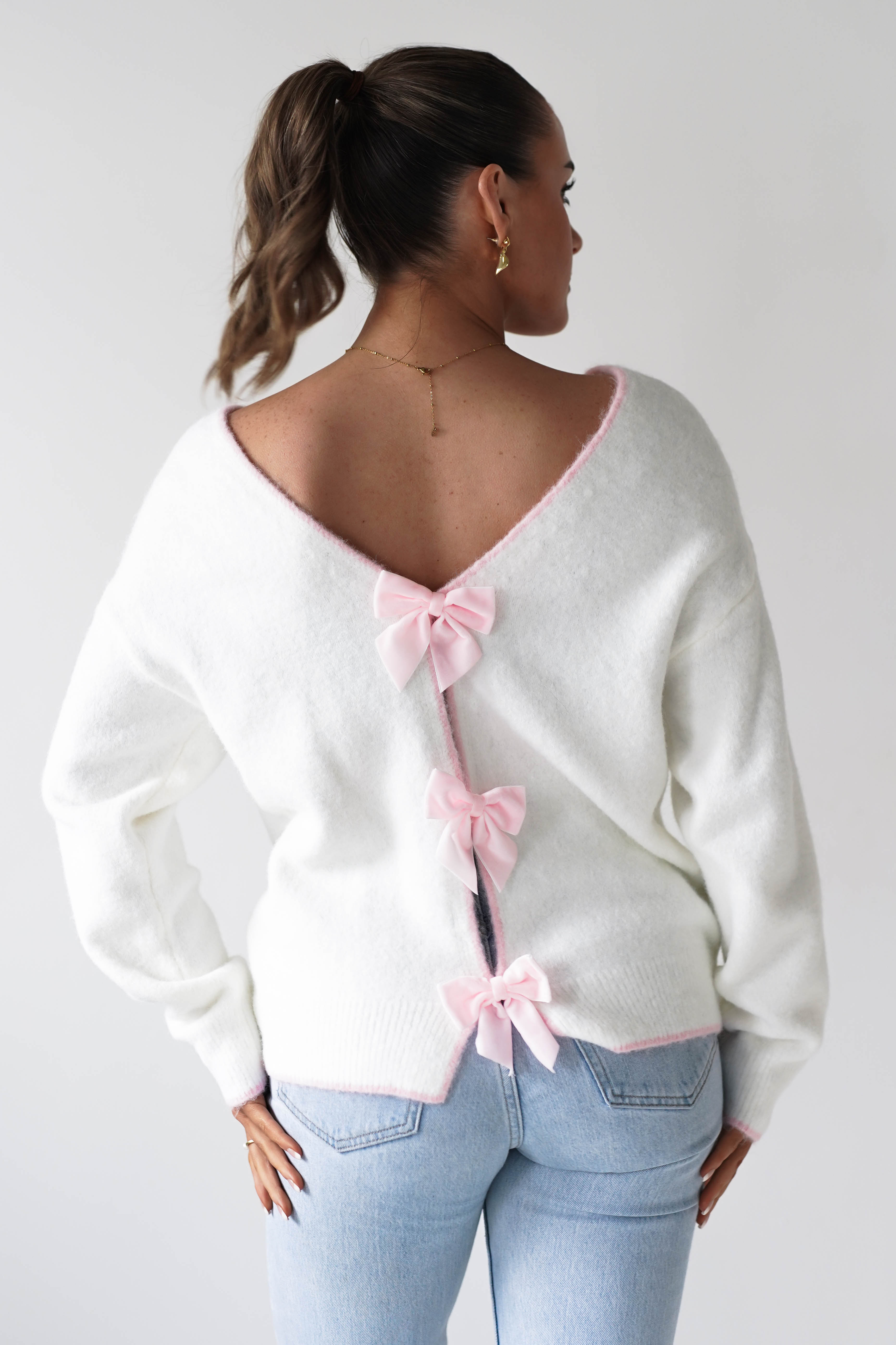 Oh Hello Clothing Women > Clothing > Knitwear ONE SIZE (6/12) 1*DONE-ELSA- WHITE & PINK Bow Detail Knit Jumper- SC20643