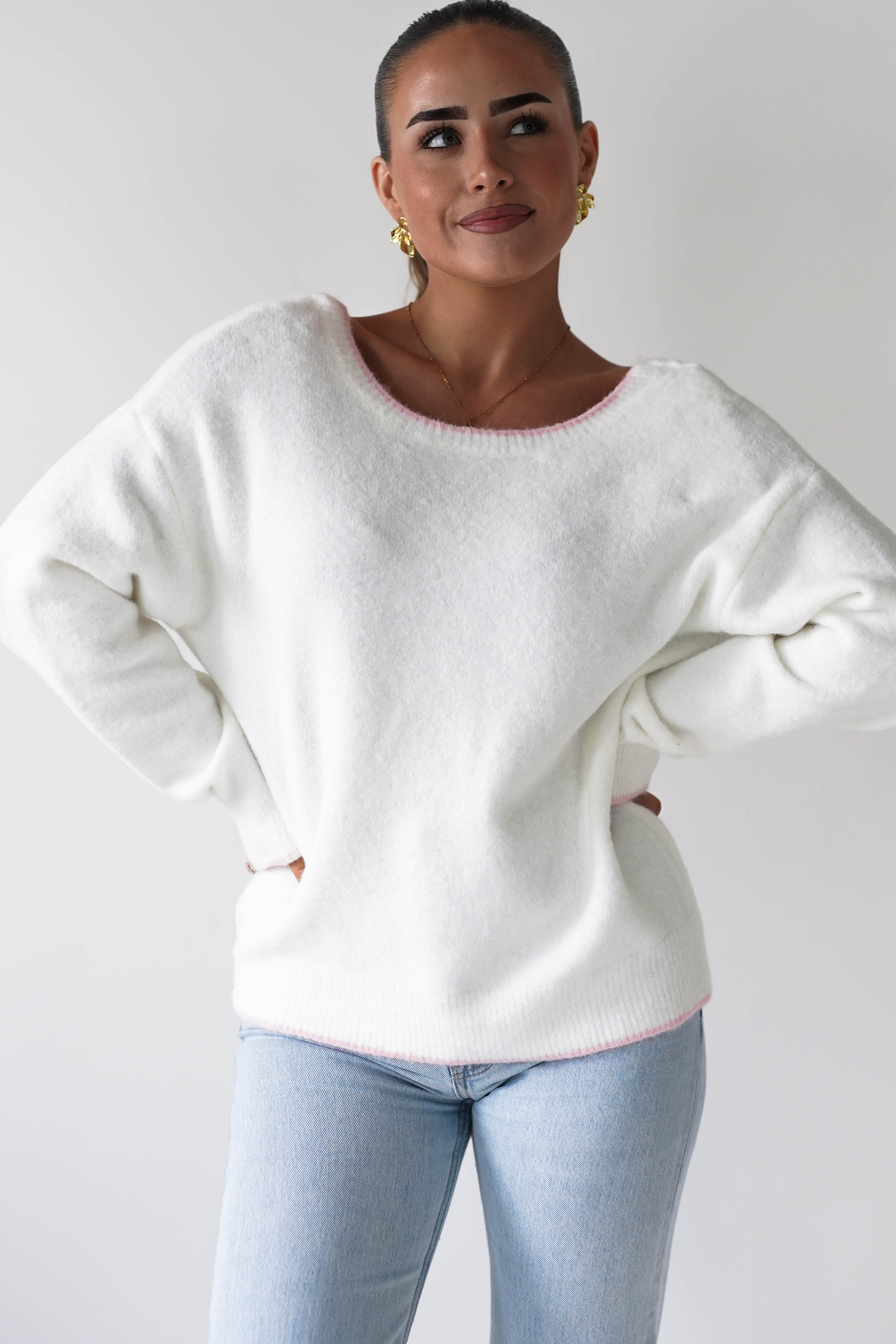 Oh Hello Clothing Women > Clothing > Knitwear ONE SIZE (6/12) 1*DONE-ELSA- WHITE & PINK Bow Detail Knit Jumper- SC20643