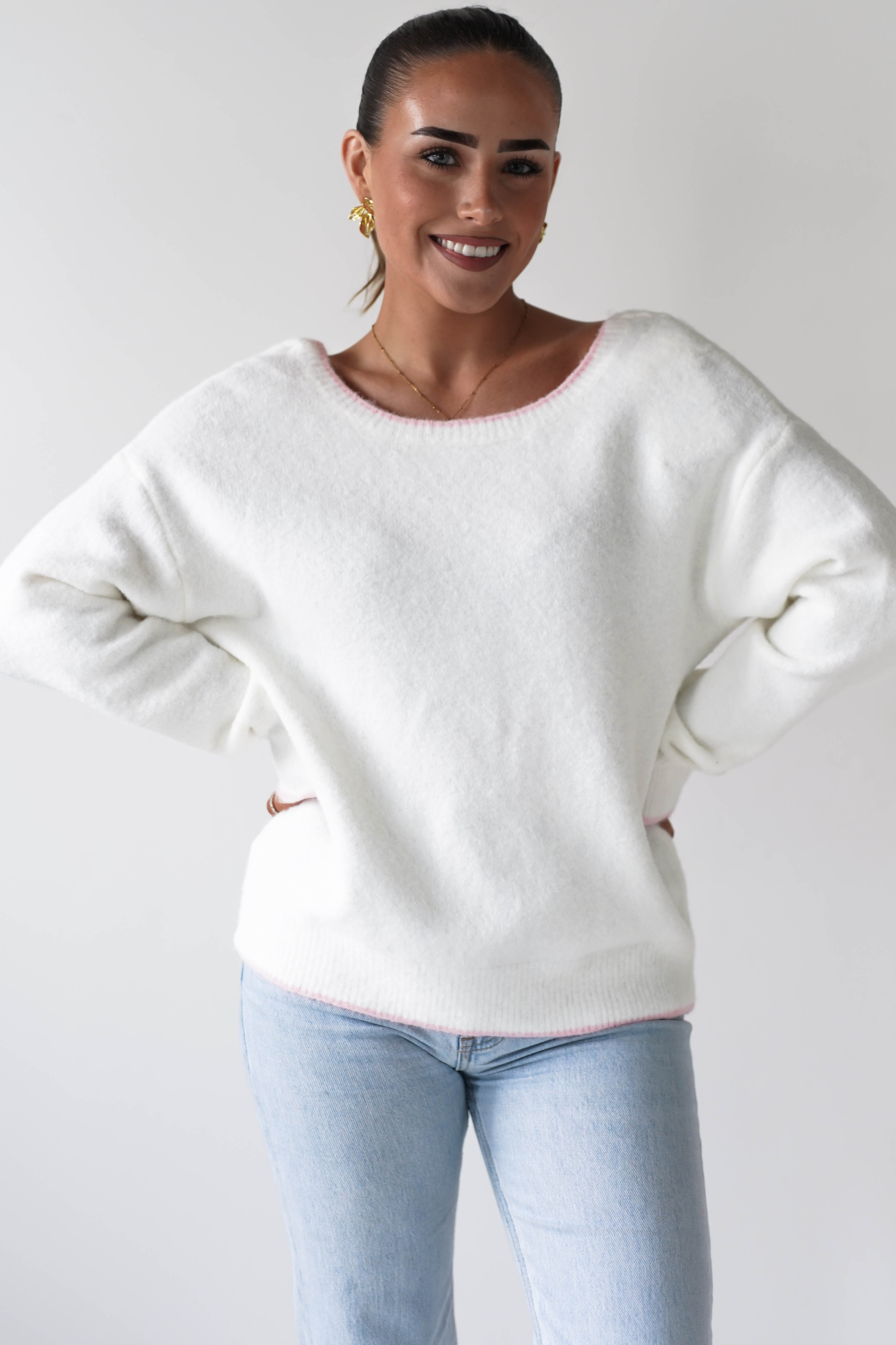 Oh Hello Clothing Women > Clothing > Knitwear ONE SIZE (6/12) 1*DONE-ELSA- WHITE & PINK Bow Detail Knit Jumper- SC20643