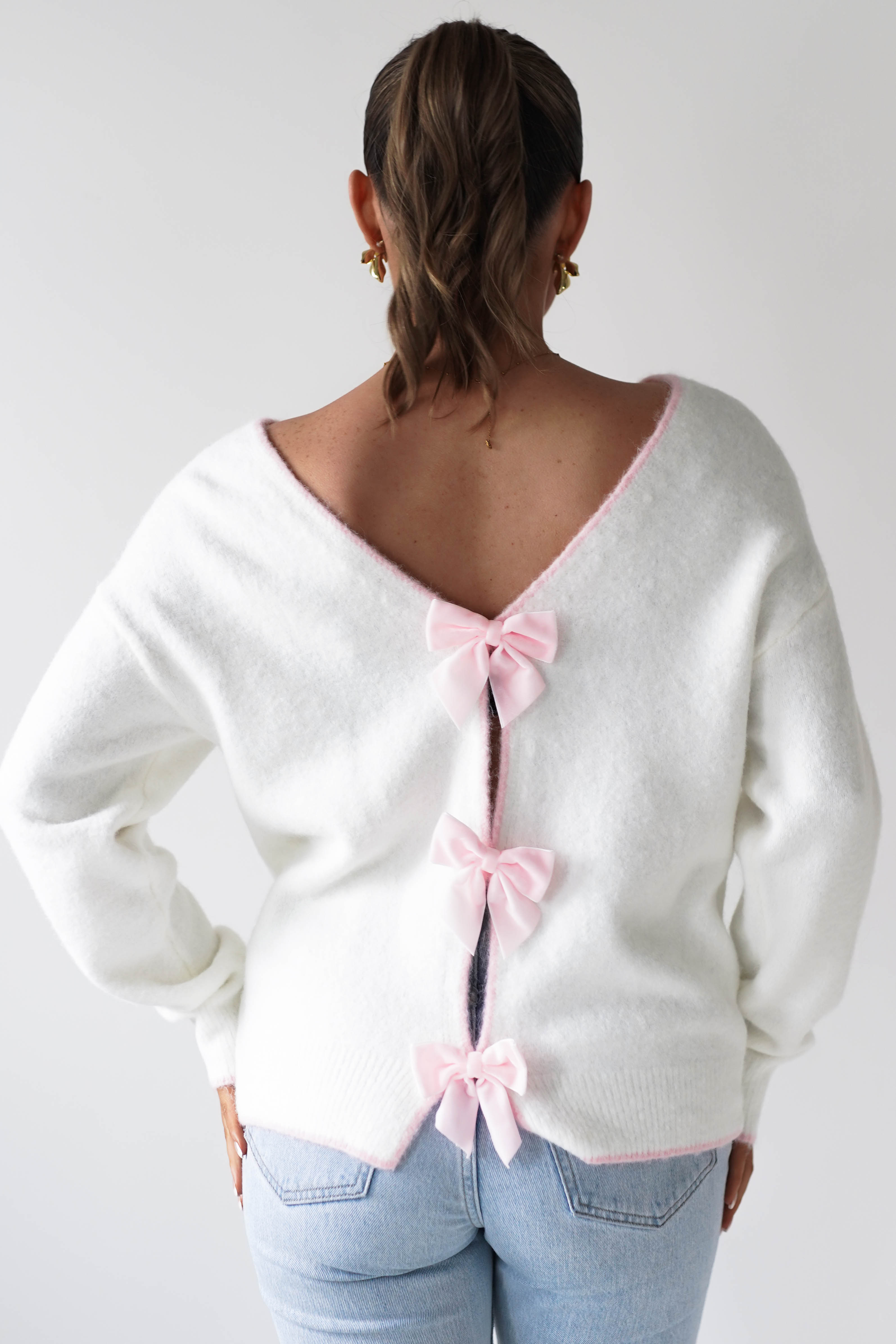 Oh Hello Clothing Women > Clothing > Knitwear ONE SIZE (6/12) 1*DONE-ELSA- WHITE & PINK Bow Detail Knit Jumper- SC20643