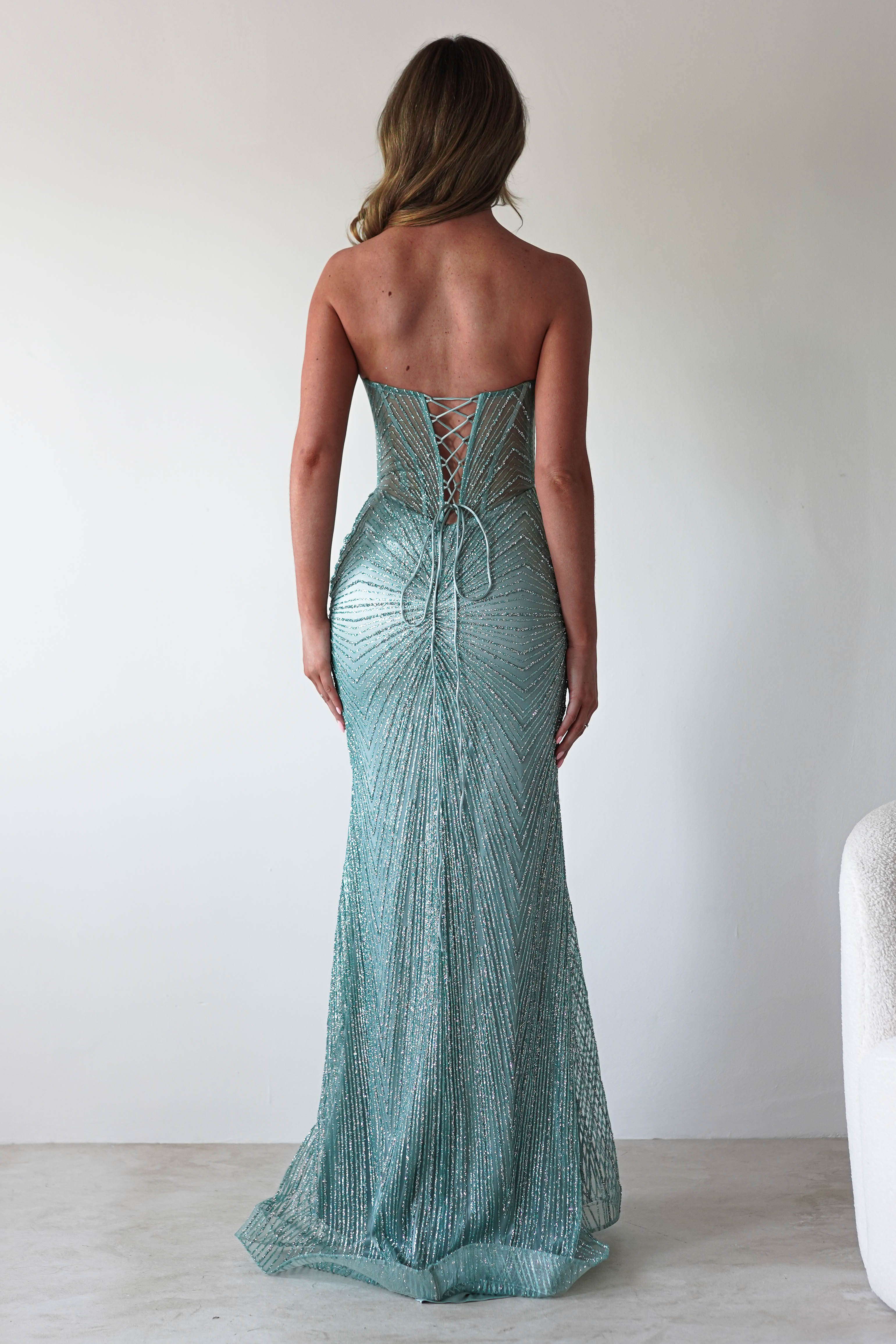 Elyse Glitter Strapless Gown | Sage | Oh Hello Clothing | XS (6)