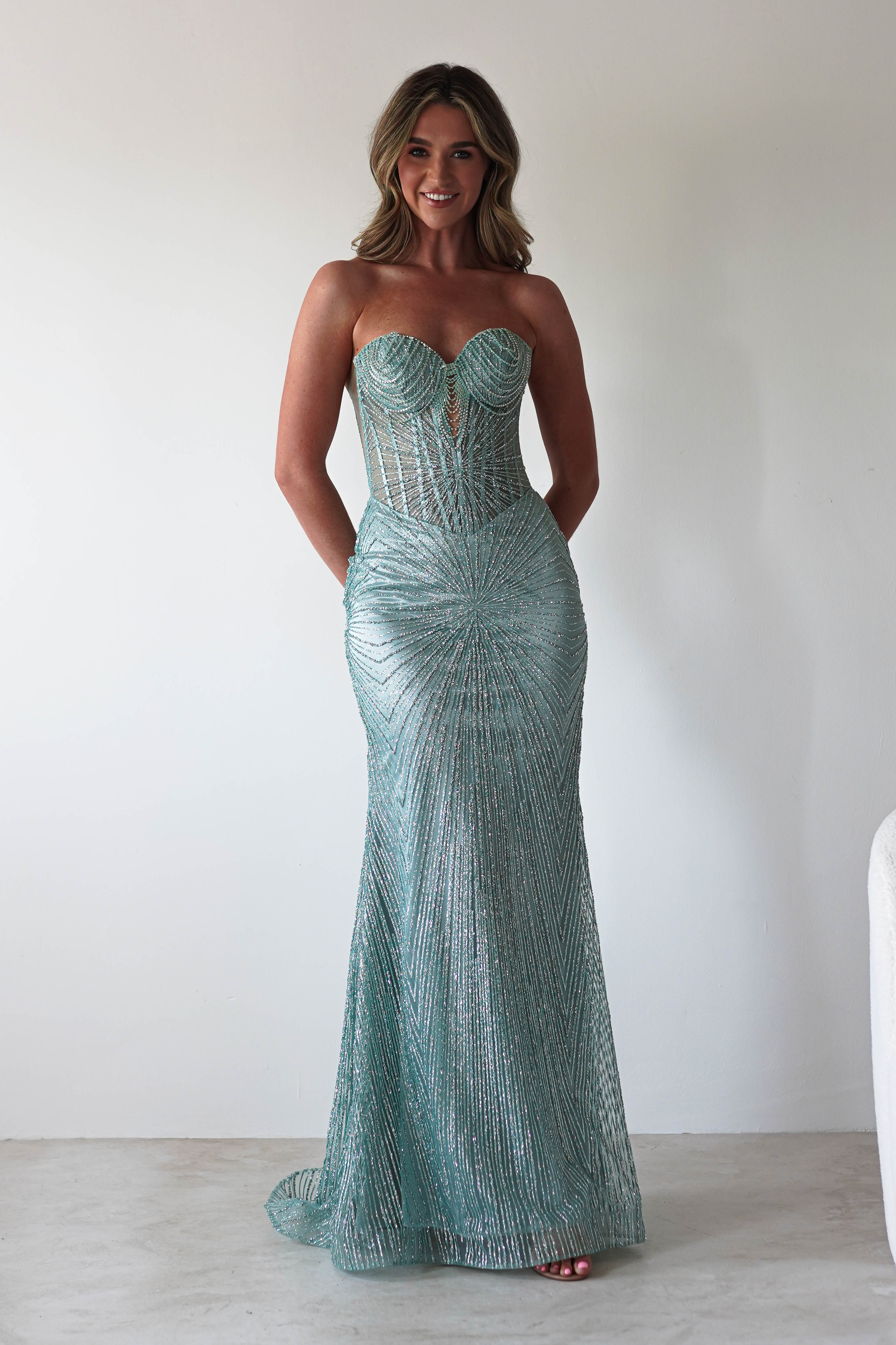 Elyse Glitter Strapless Gown | Sage | Oh Hello Clothing | XS (6)
