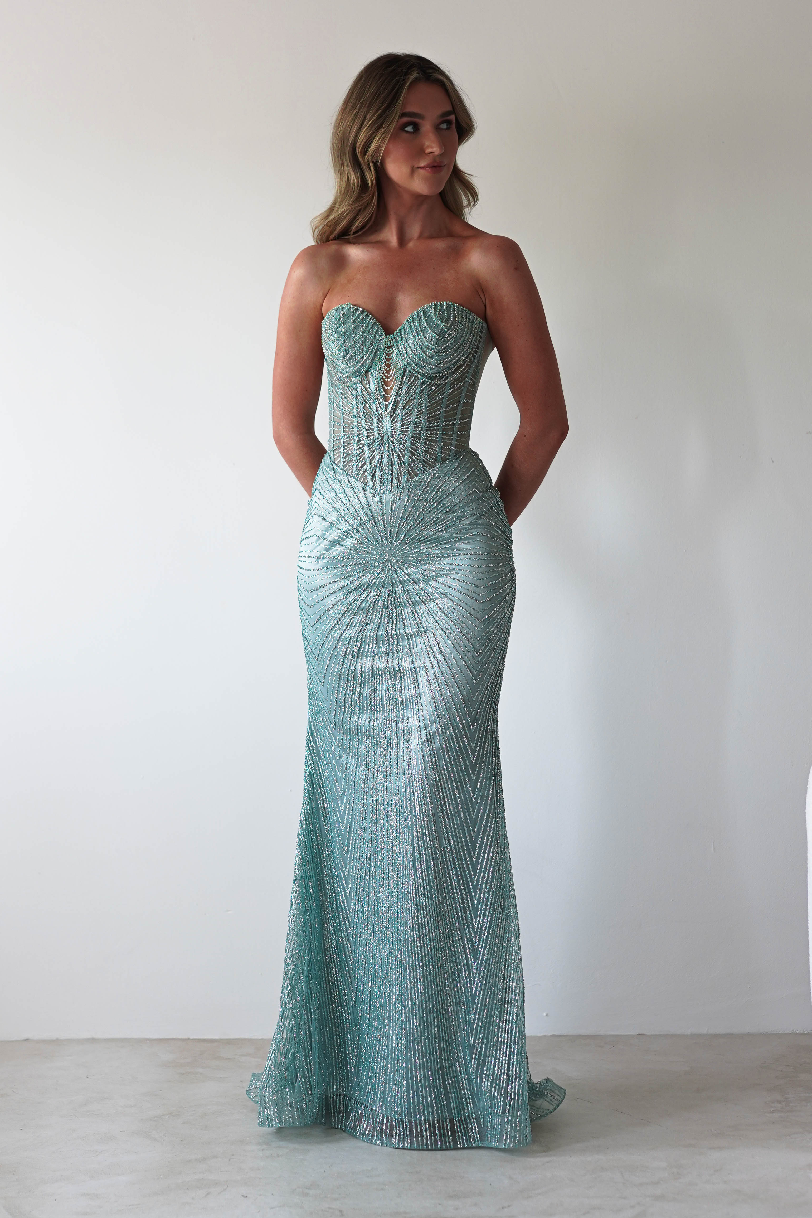 Elyse Glitter Strapless Gown | Sage | Oh Hello Clothing | XS (6)
