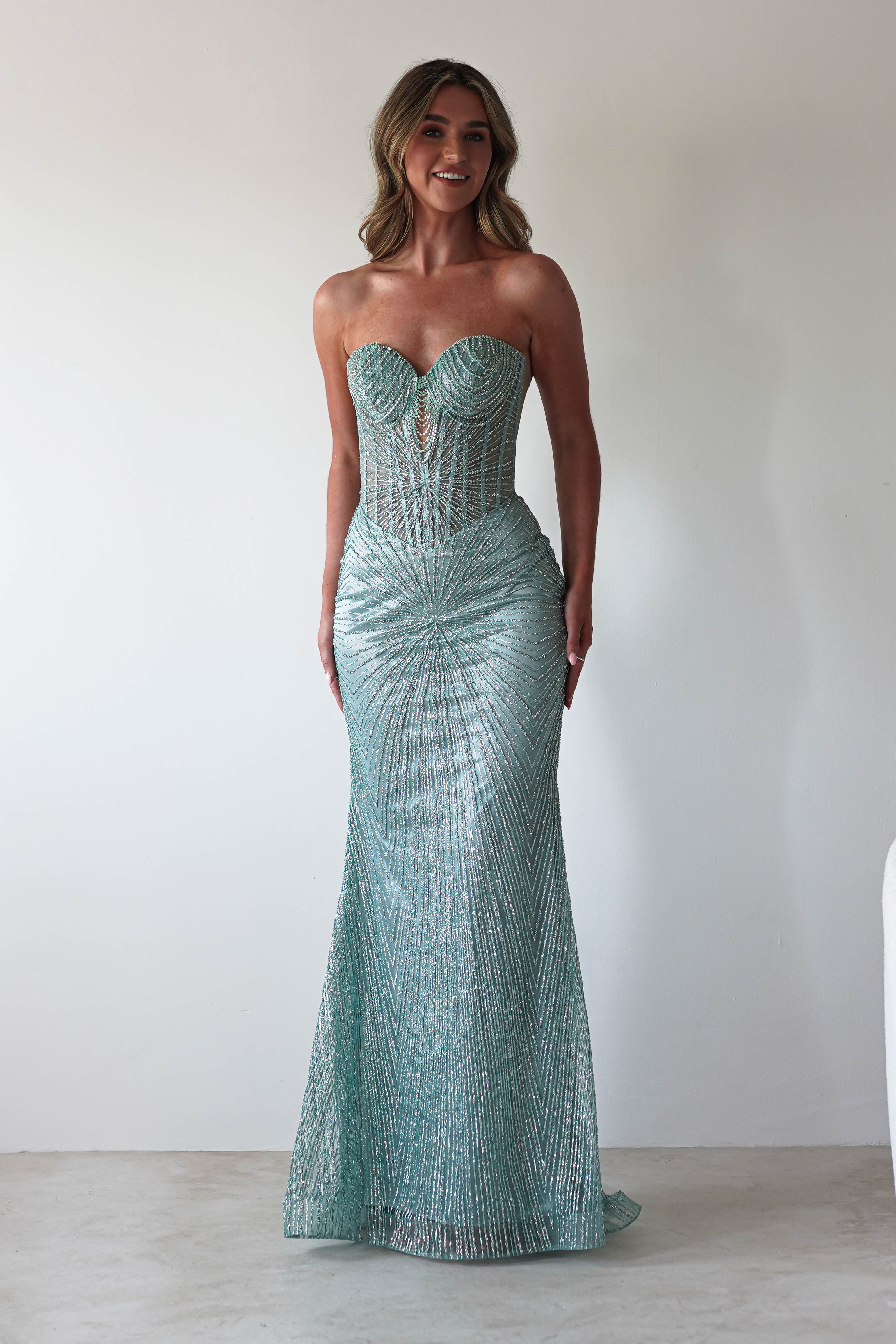 Elyse Glitter Strapless Gown | Sage | Oh Hello Clothing | XS (6)