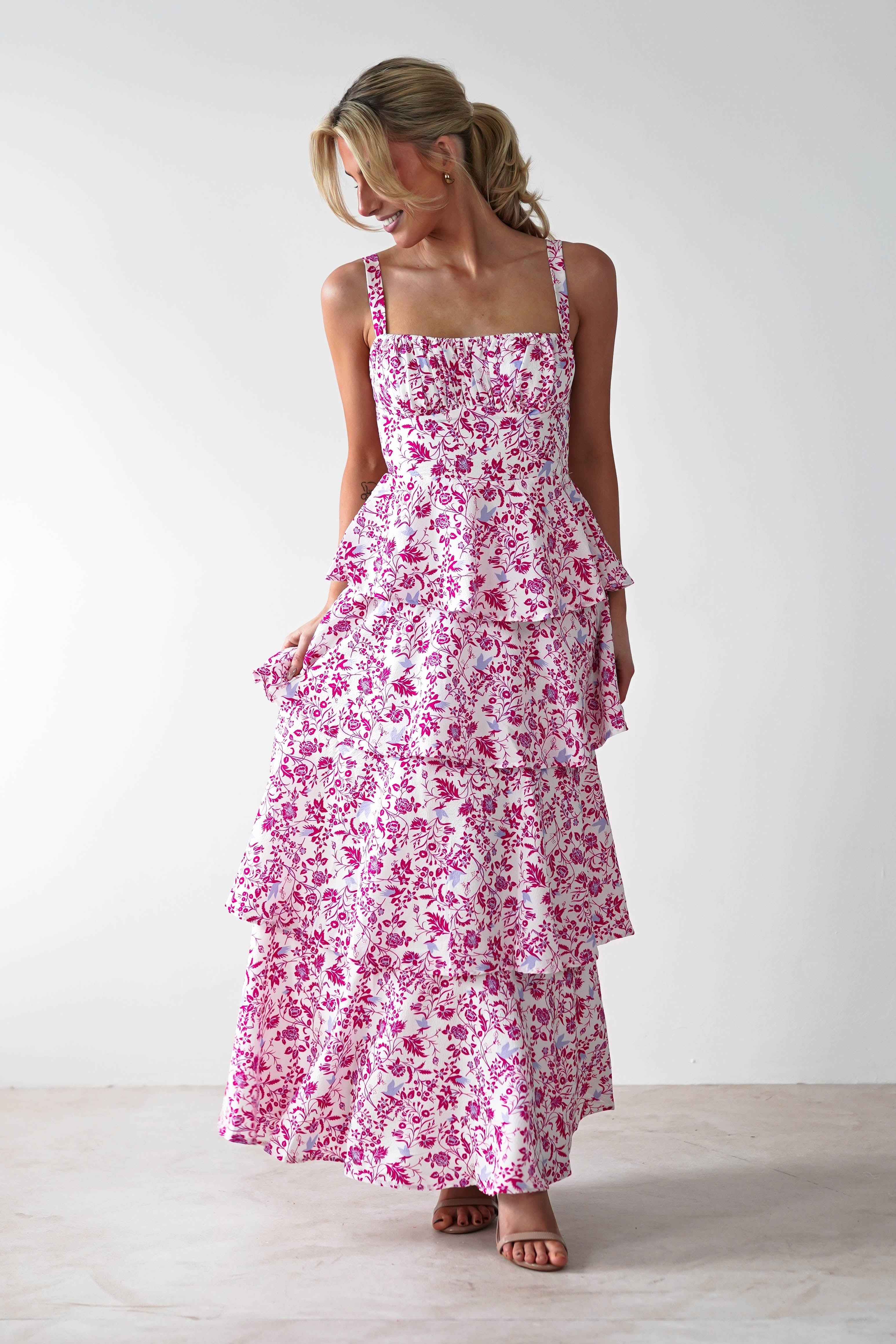 Emily Floral Ruffle Maxi Dress | Pink Print - Oh Hello Clothing