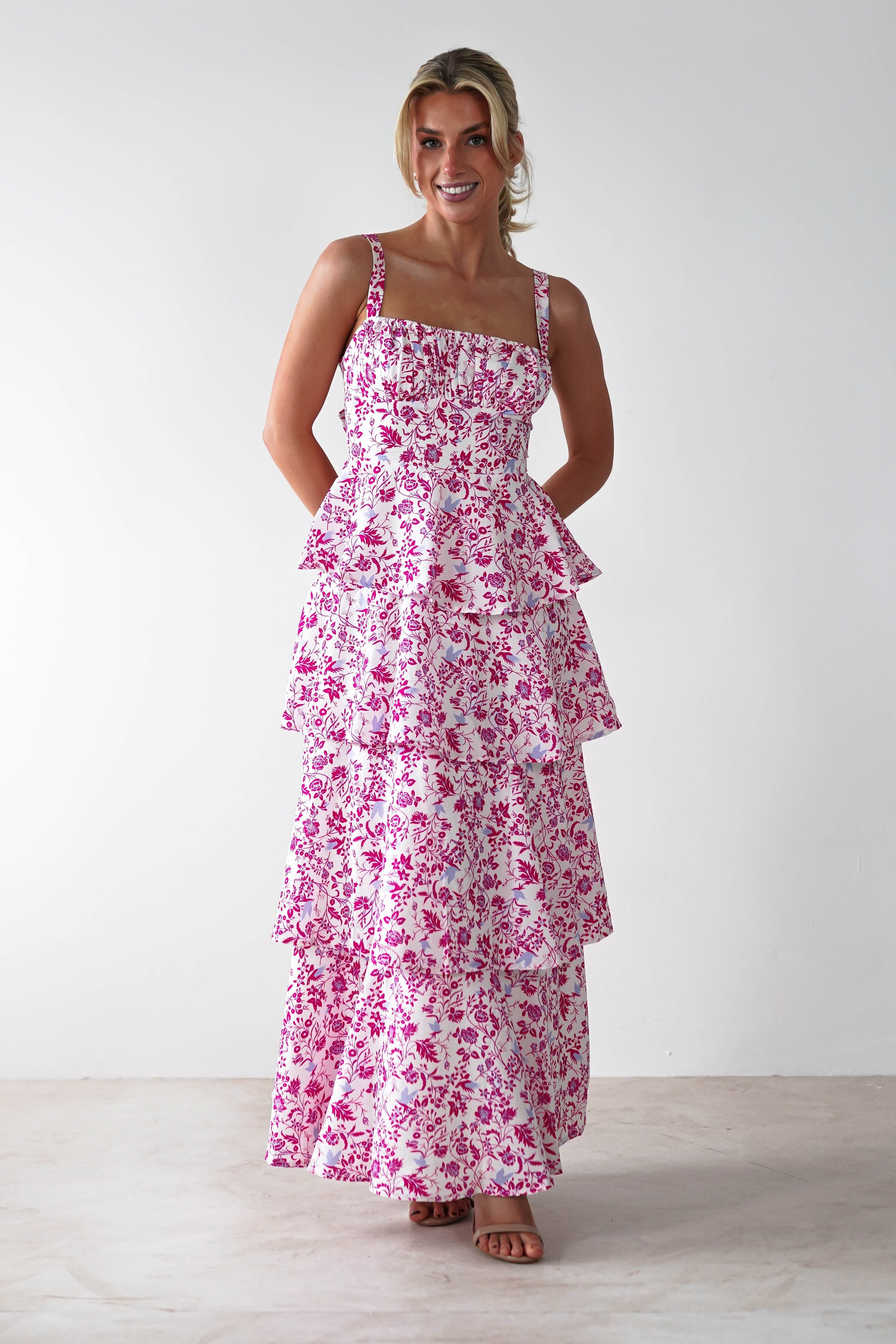Emily Floral Ruffle Maxi Dress | Pink Print - Oh Hello Clothing