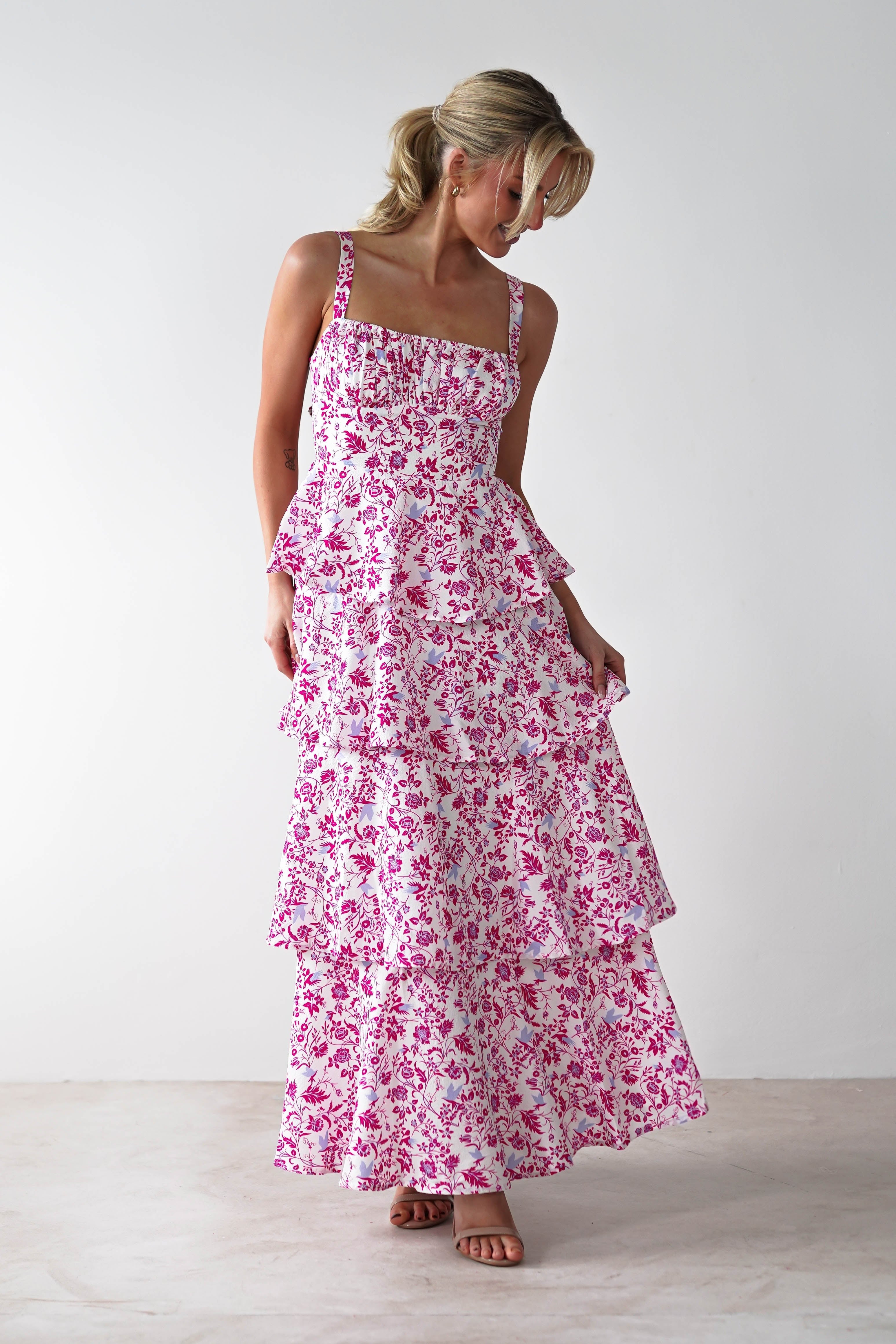 Emily Floral Ruffle Maxi Dress | Pink Print - Oh Hello Clothing