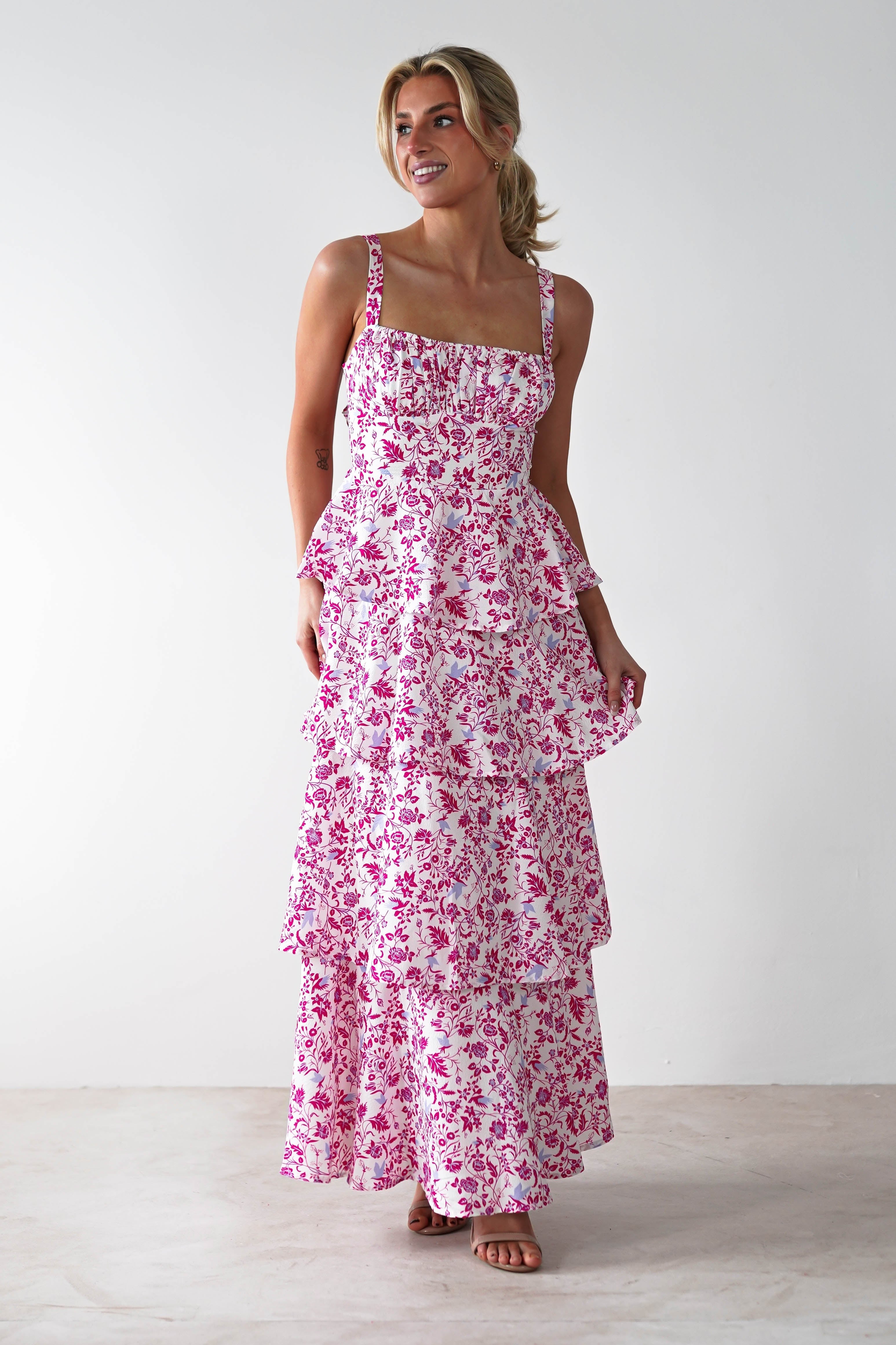Emily Floral Ruffle Maxi Dress | Pink Print - Oh Hello Clothing