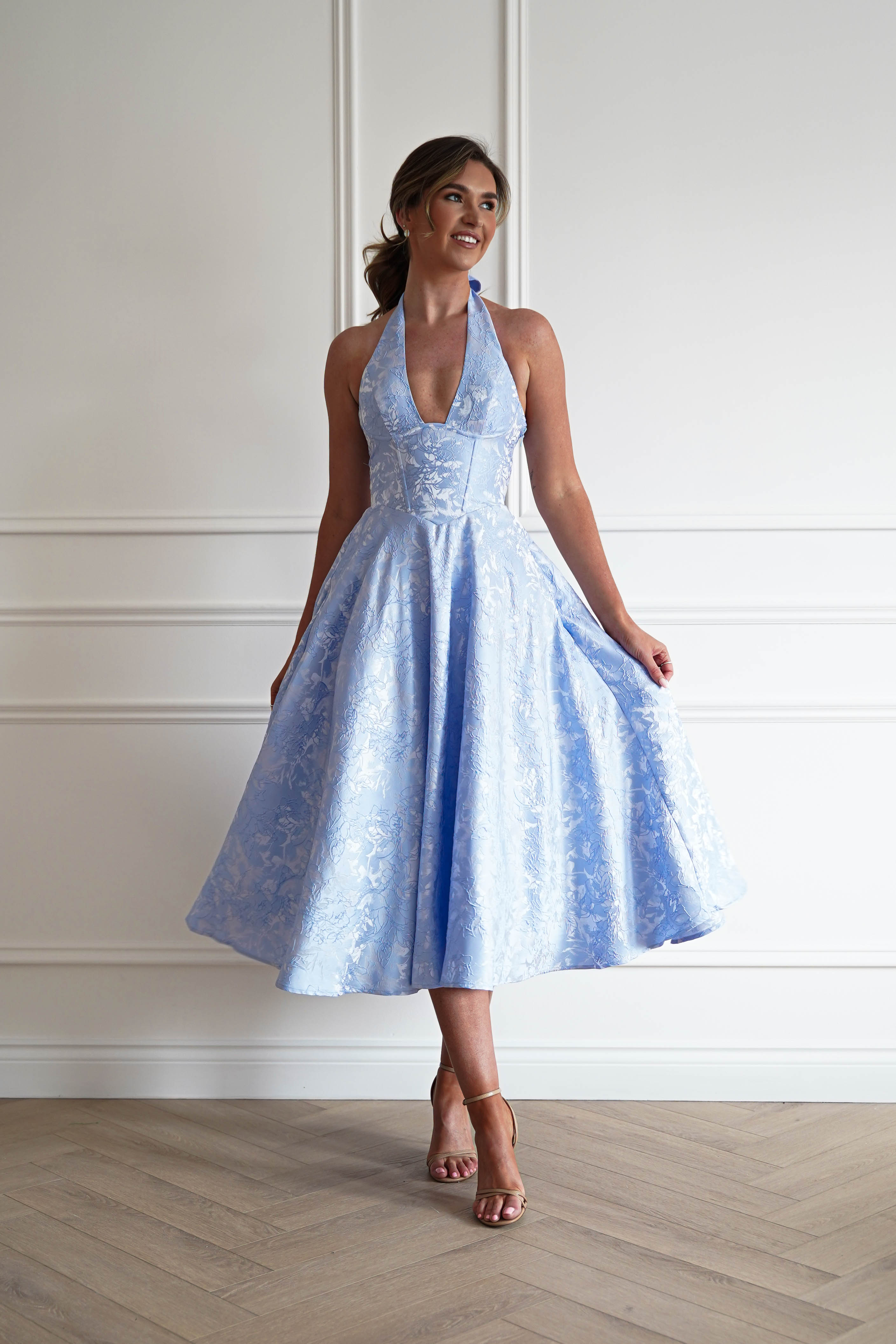 Oh Hello Clothing Women > Clothing > Dresses 1*DONE- FP- 527016-BLUE Jacquard Plunge Midi Dress (Copy)