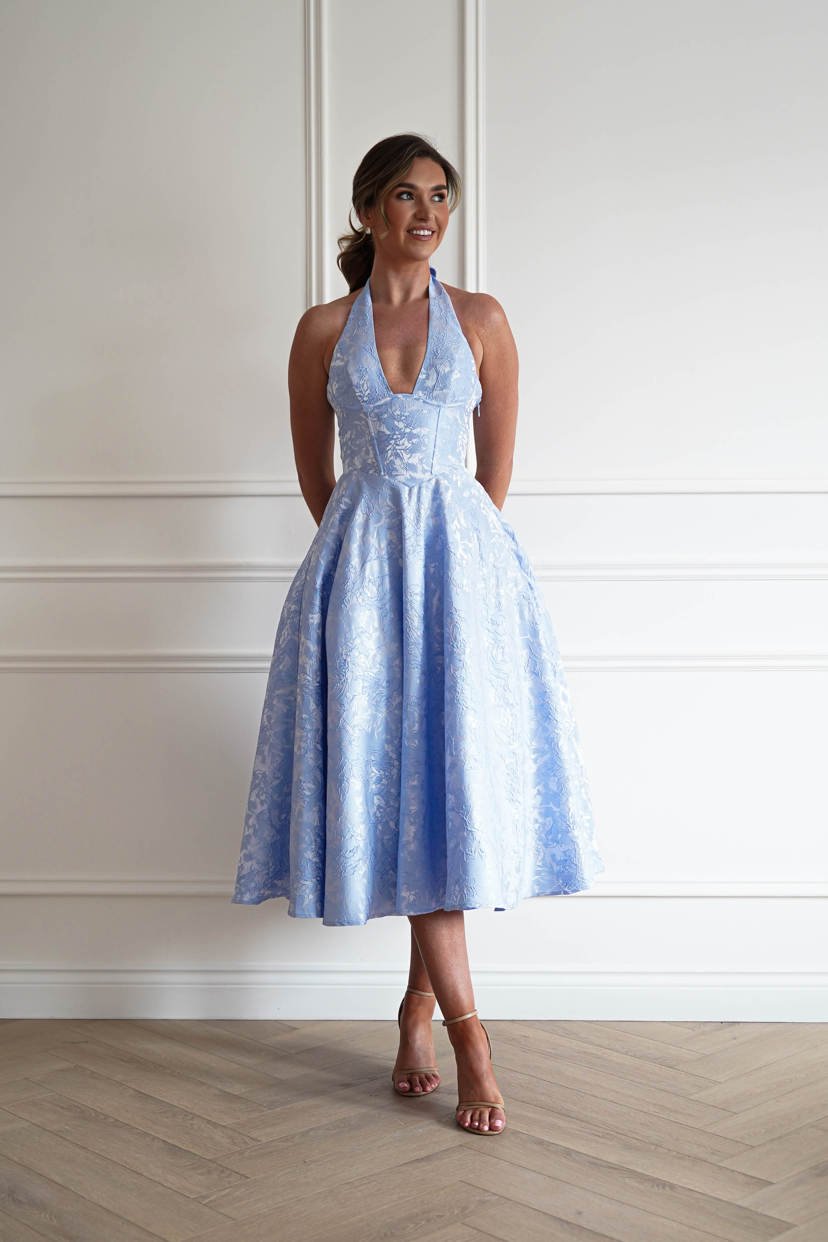 Oh Hello Clothing Women > Clothing > Dresses 1*DONE- FP- 527016-BLUE Jacquard Plunge Midi Dress (Copy)
