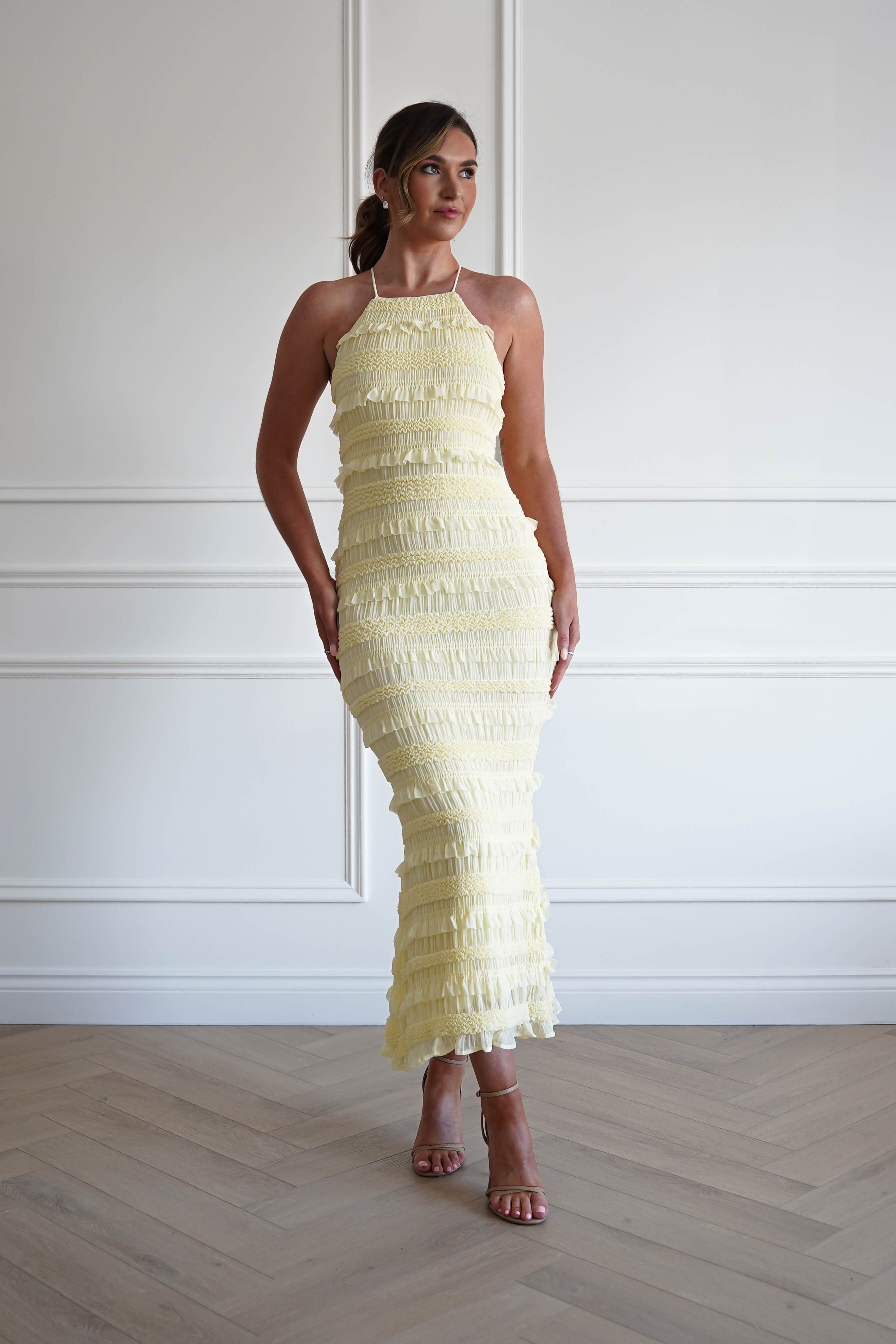 Oh Hello Clothing Women > Clothing > Dresses 1*DONE- FP- 578201- Yellow Ruffle Bodycon Maxi Dress