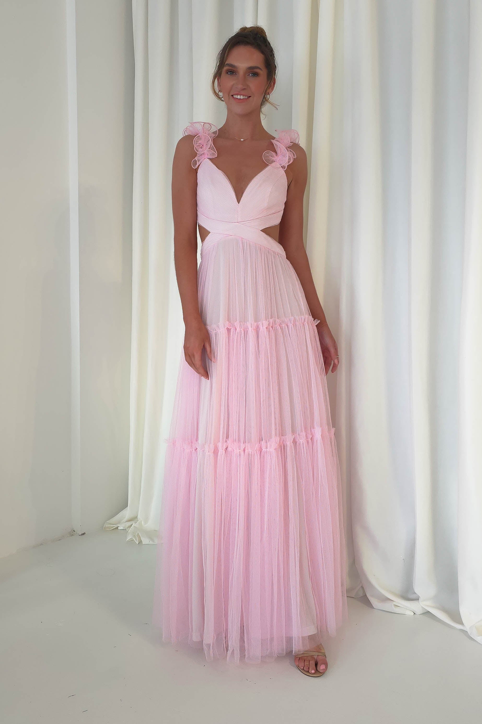 Galiena Ruffle Tulle Maxi Dress | Pink