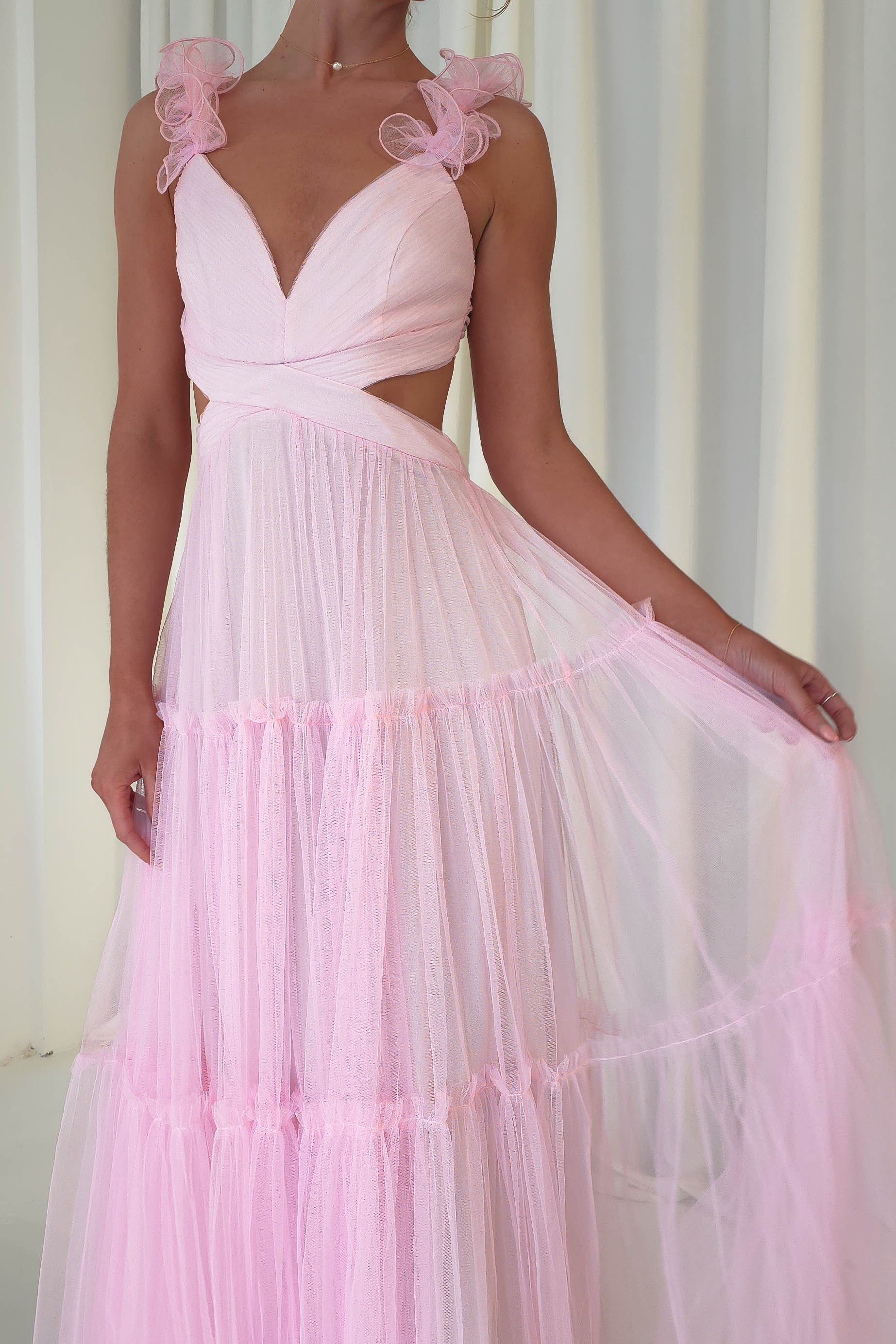 Galiena Ruffle Tulle Maxi Dress | Pink