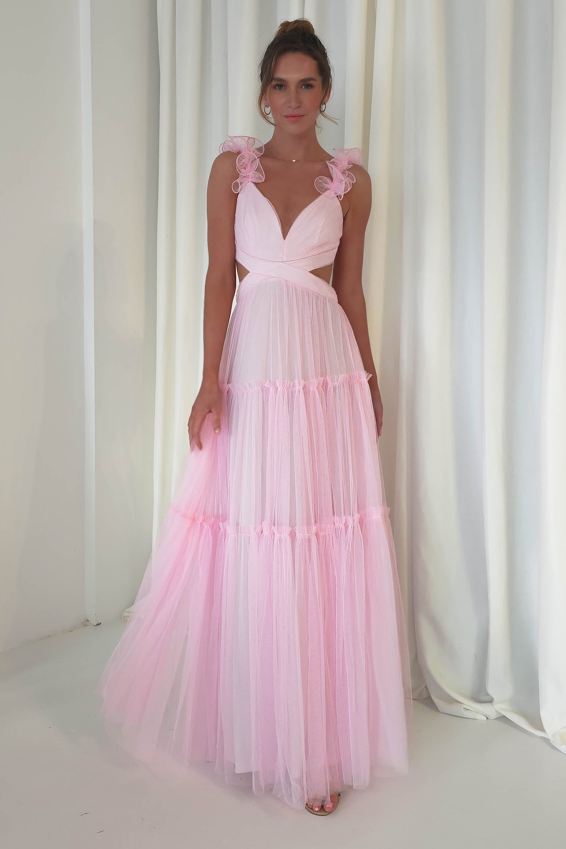 Galiena Ruffle Tulle Maxi Dress | Pink