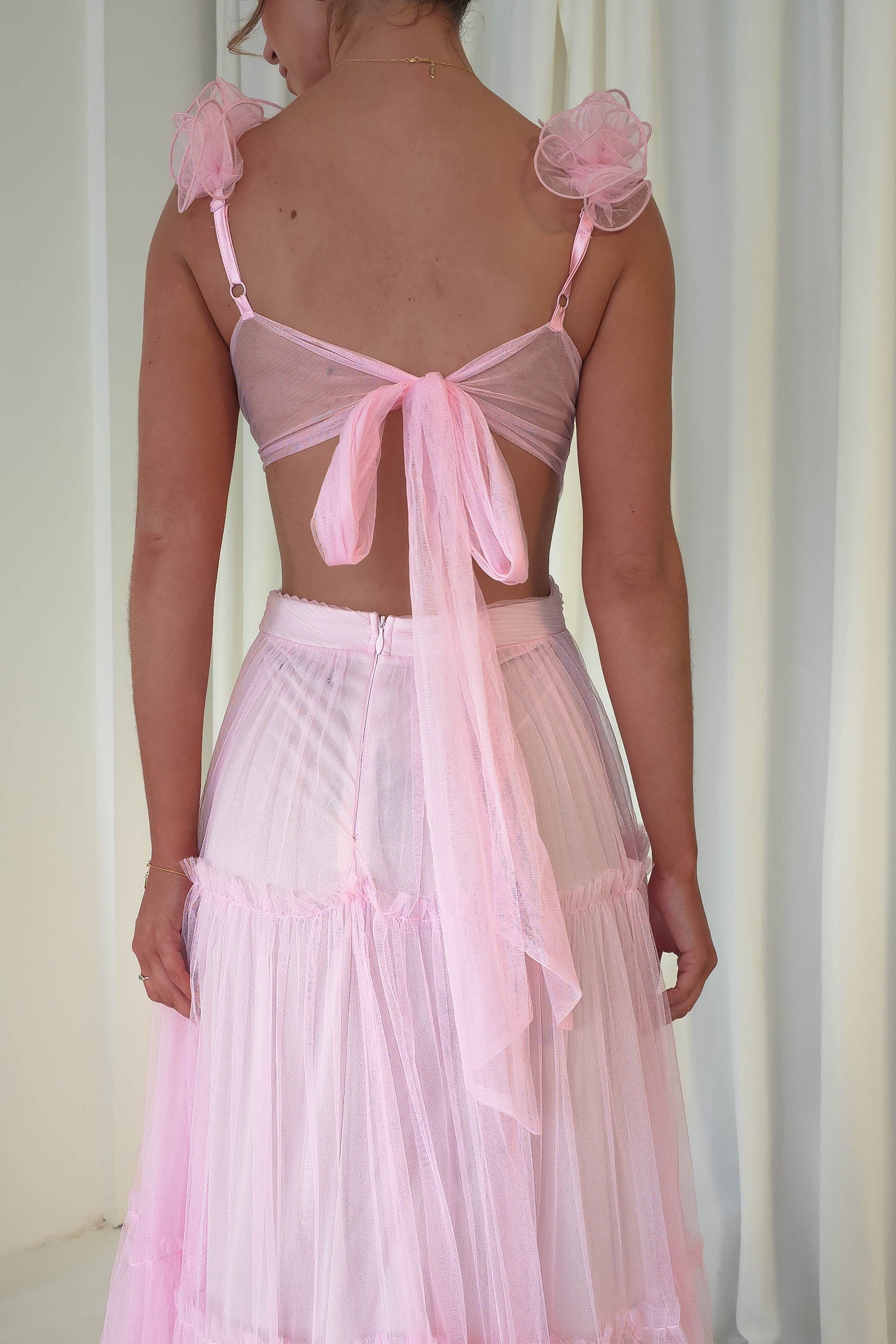 Galiena Ruffle Tulle Maxi Dress | Pink