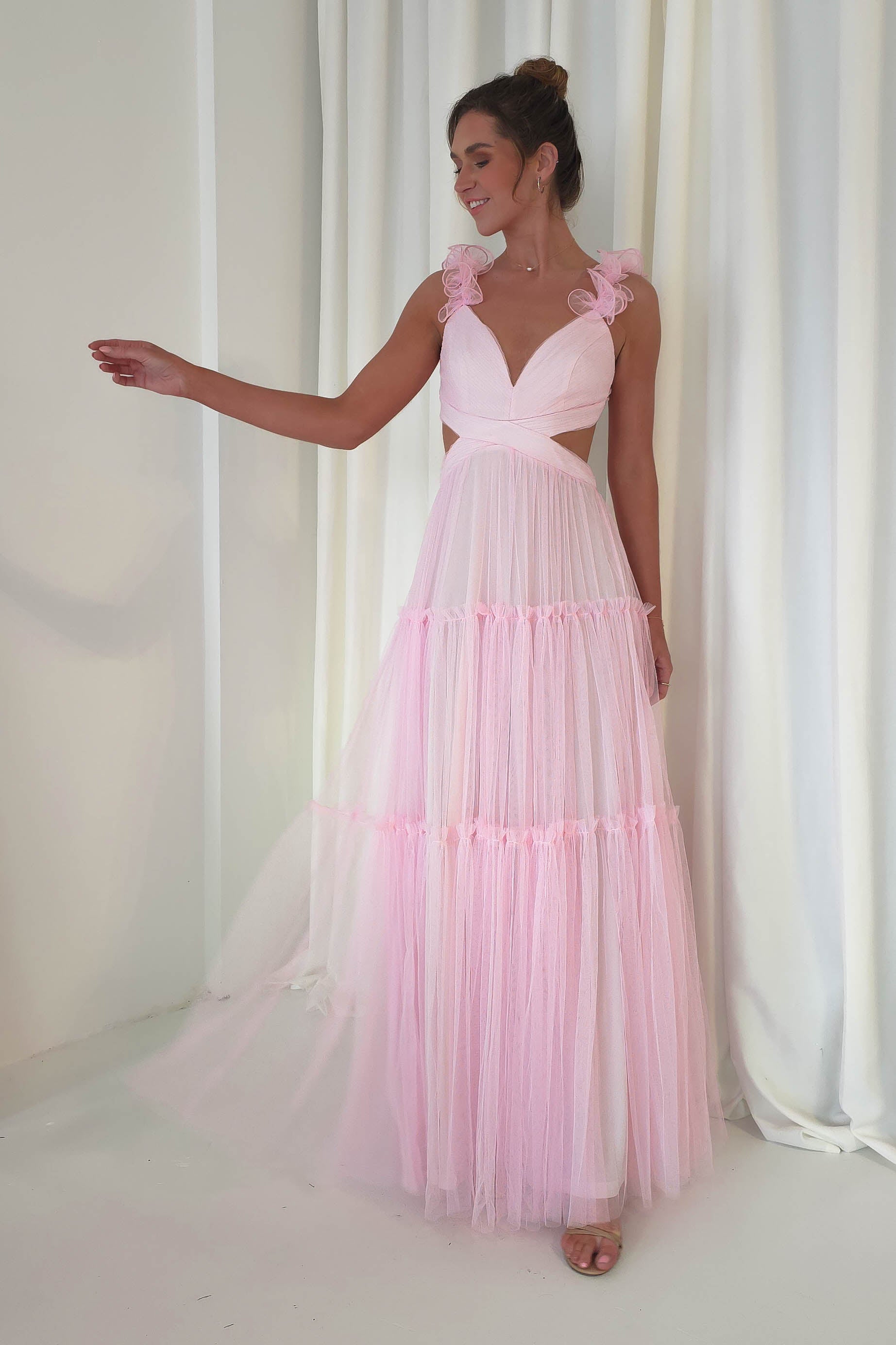 Galiena Ruffle Tulle Maxi Dress | Pink