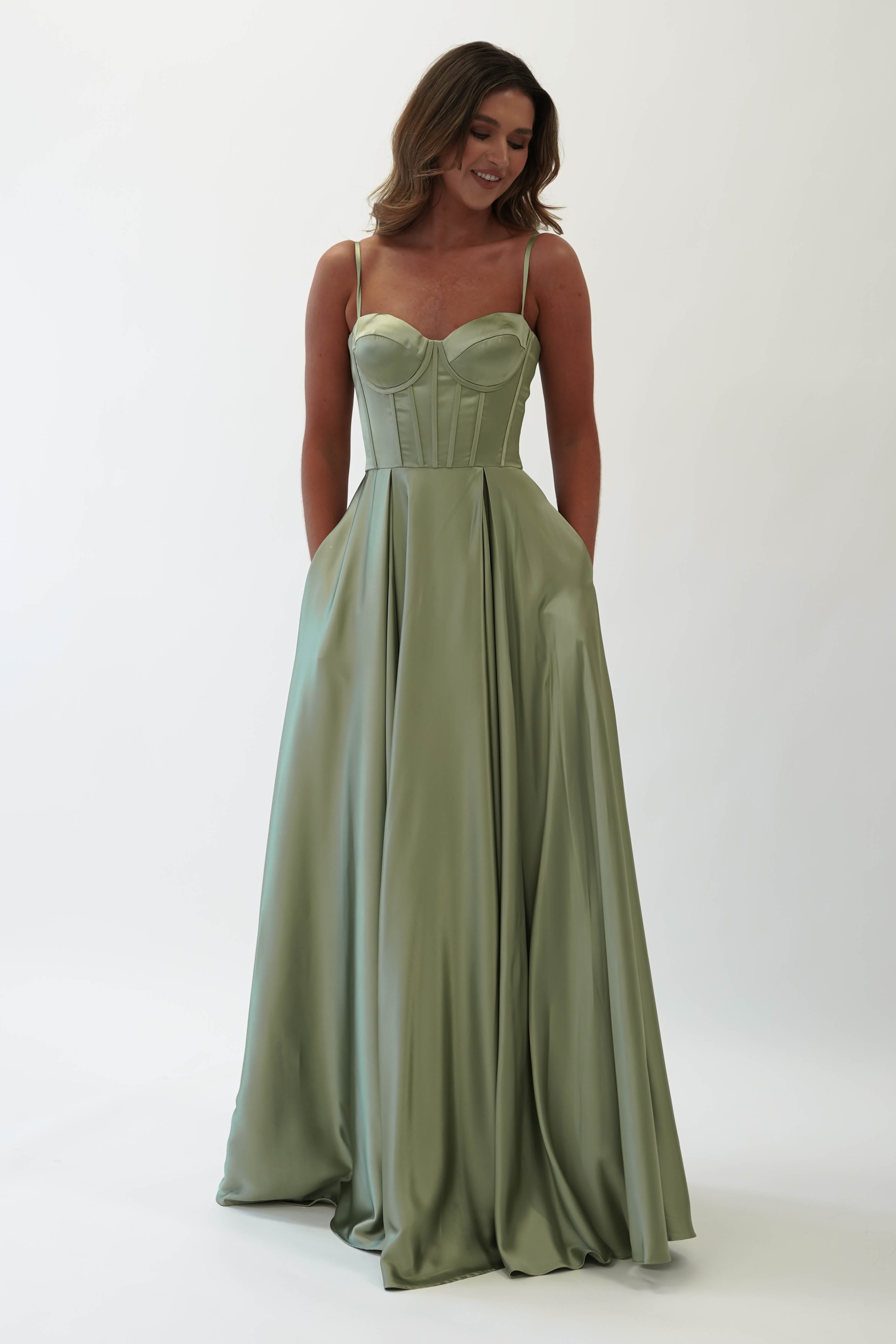 Georgia Soft Satin Maxi Gown | Sage