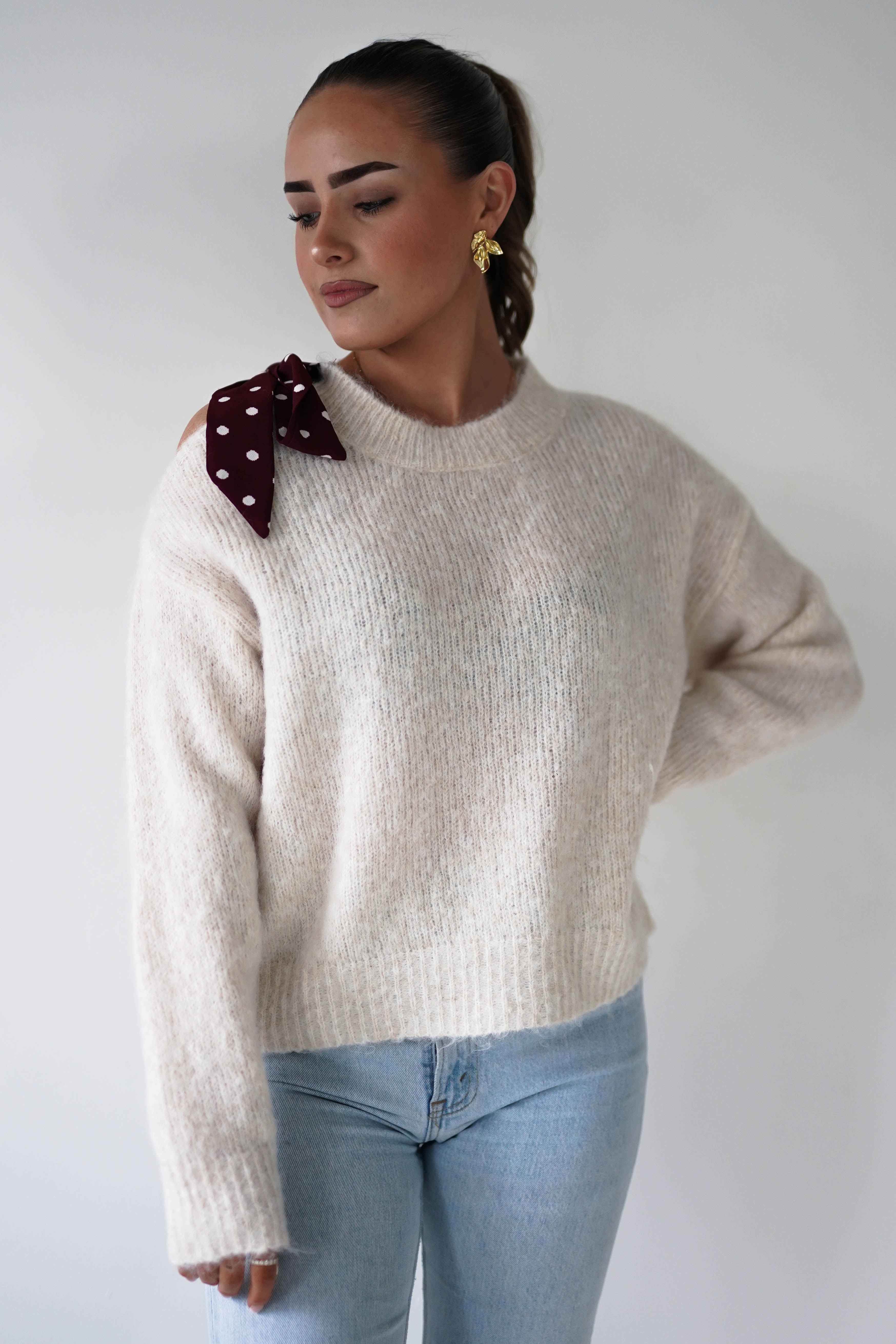 Oh Hello Clothing Women > Clothing > Knitwear ONE SIZE (6/12) 1*DONE-GRACIELA-PU6378 beige and BURGUNDY polka dot Detail Knit Jumper