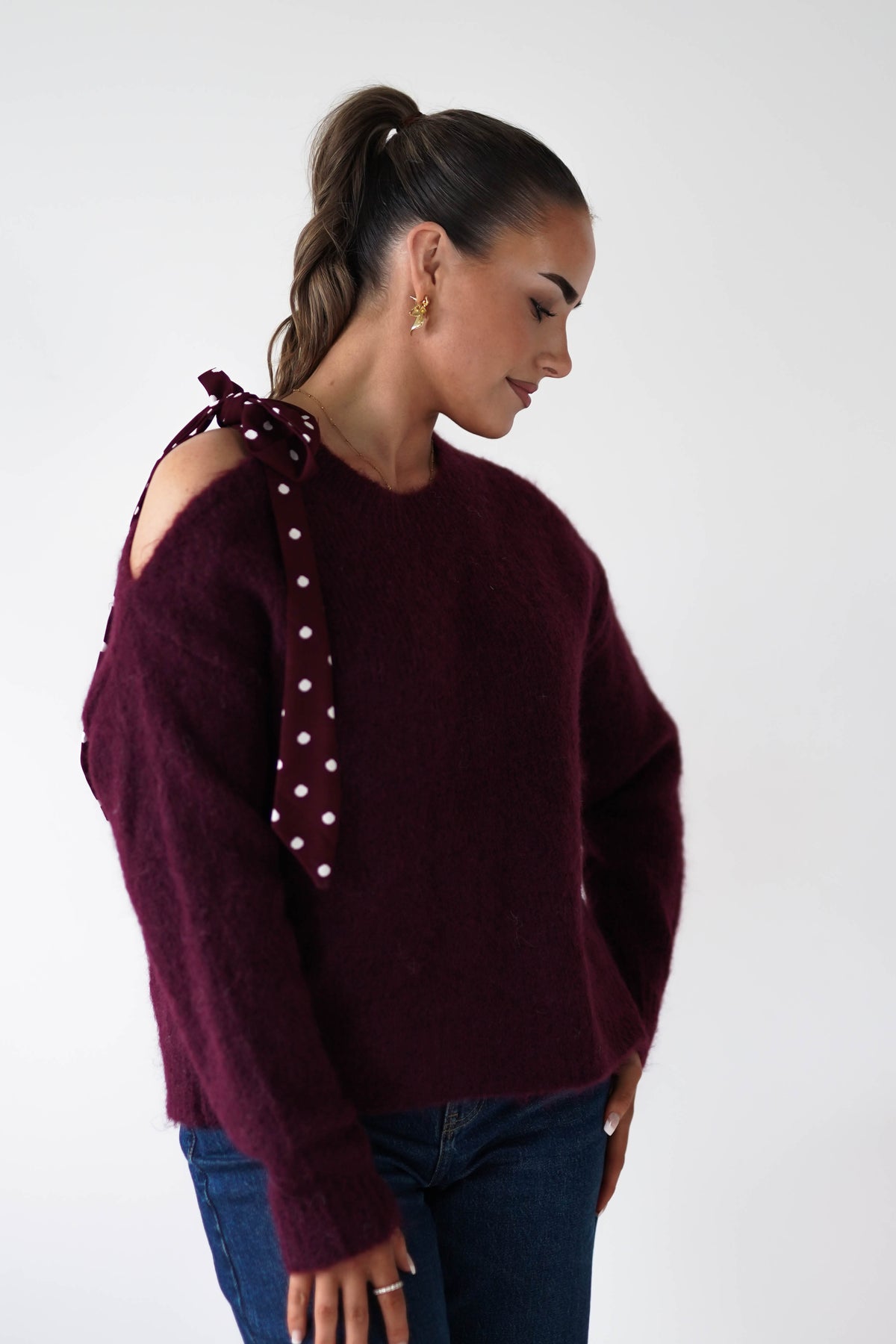 Oh Hello Clothing Women > Clothing > Knitwear ONE SIZE (6/12) 1*DONE-GRACIELA-PU6378 burgundy and white polka dot Detail Knit Jumper