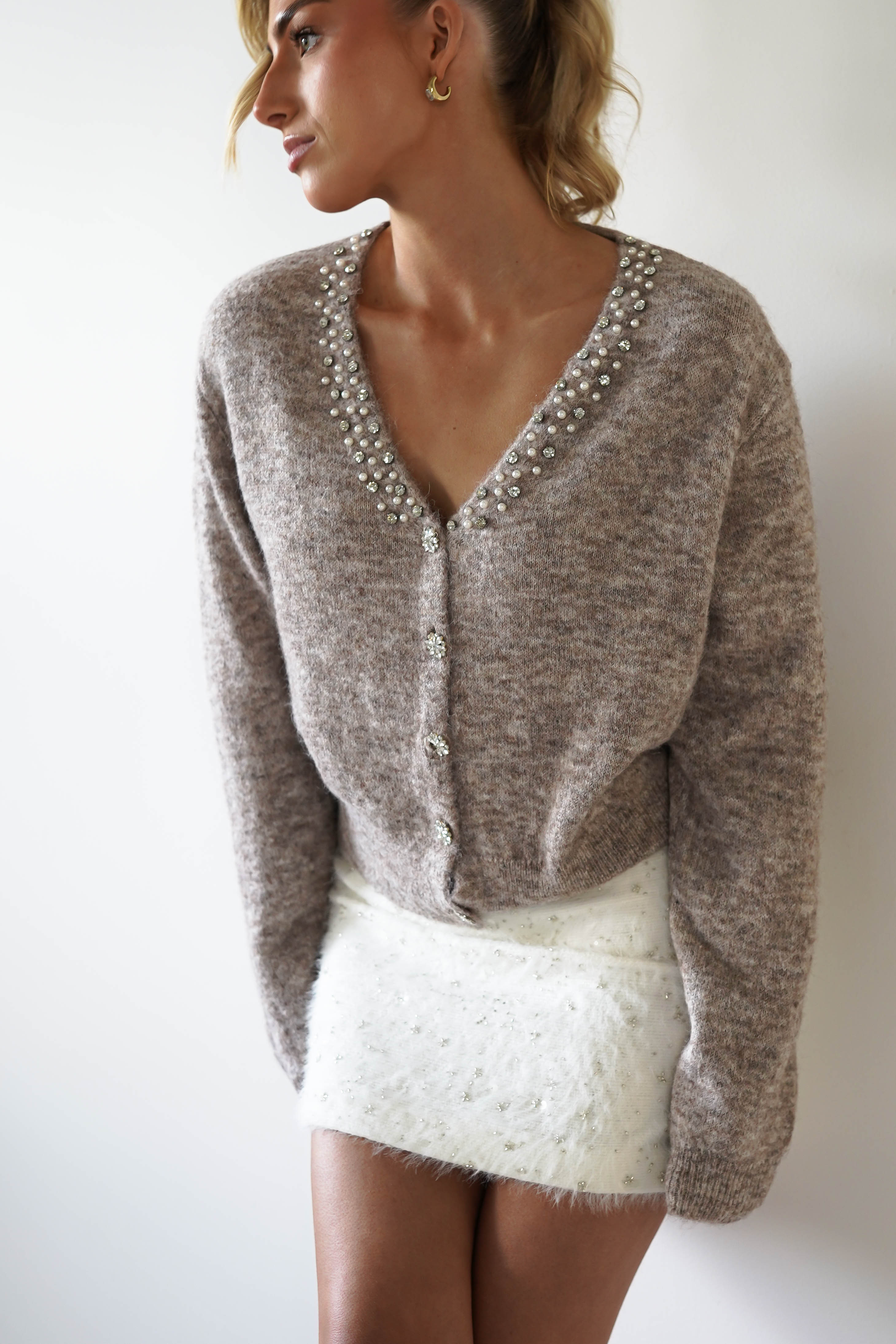 Cali Knitted Embellished Cardigan | Taupe | Oh Hello Clothing | ONE SIZE (6 - 12)
