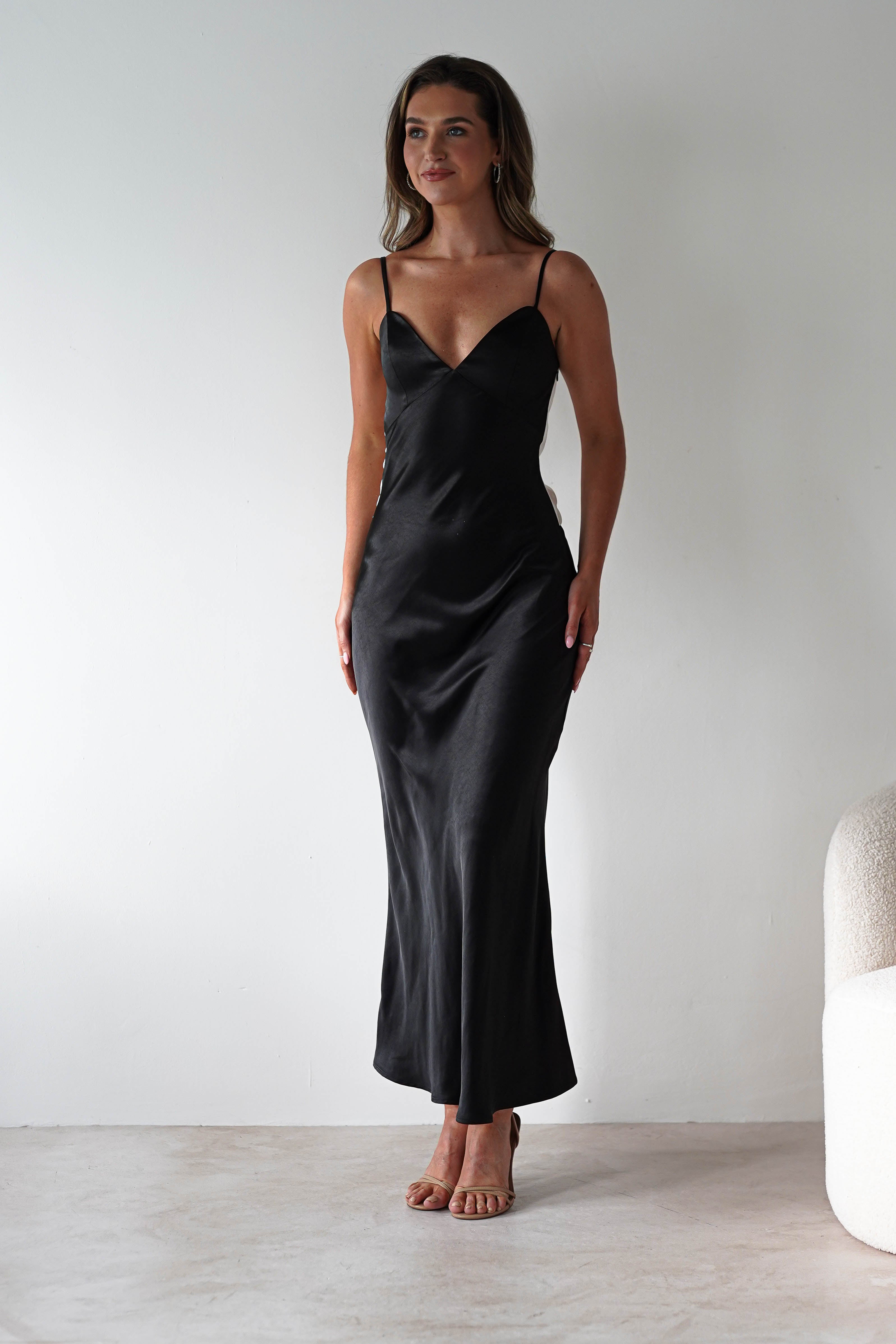Hermie Silky Satin Maxi Dress | Black/White | Oh Hello Clothing | XS (6)